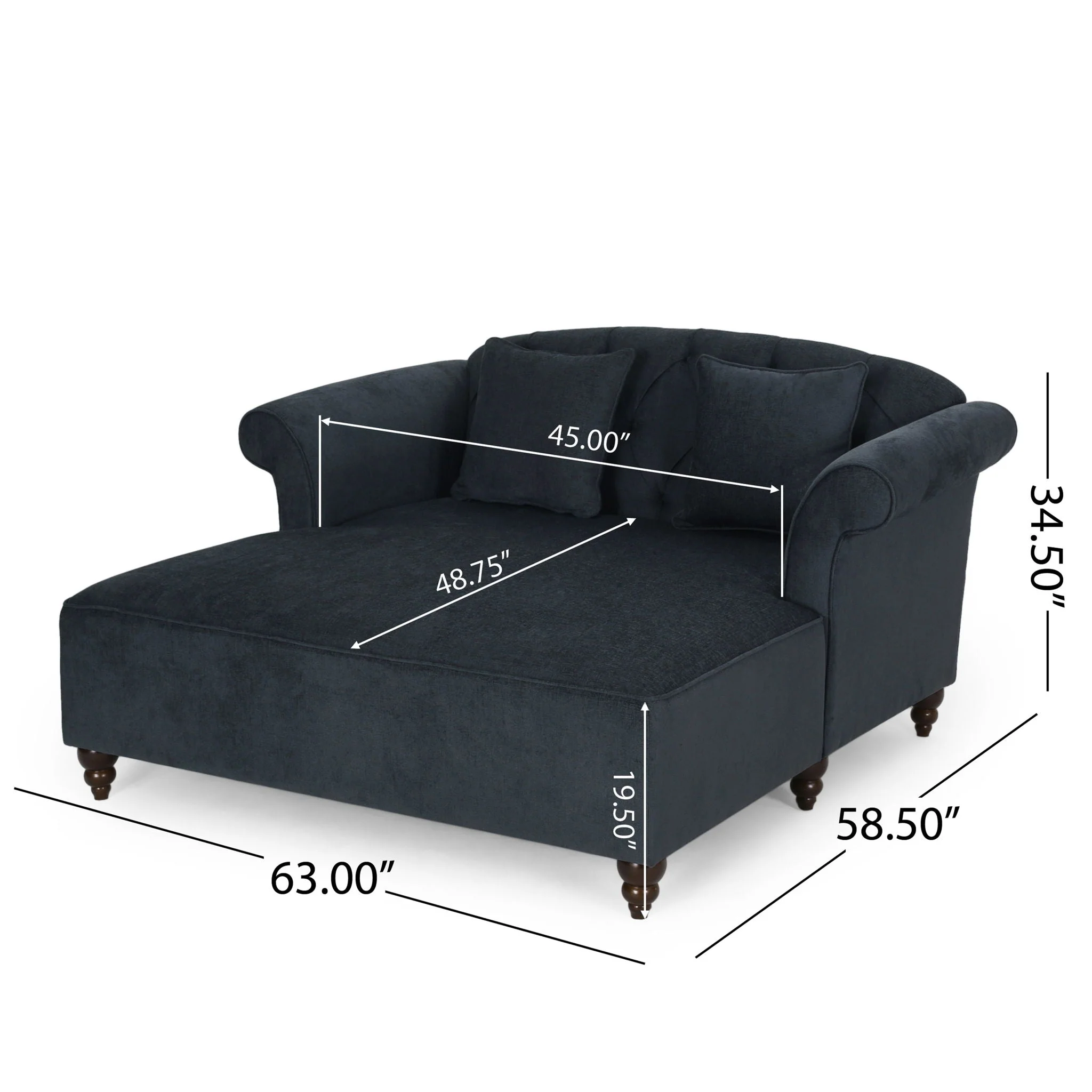 Upholstered Chaise Lounge With Scroll Arms, Turned Legs And 2 Pillows - Image 7