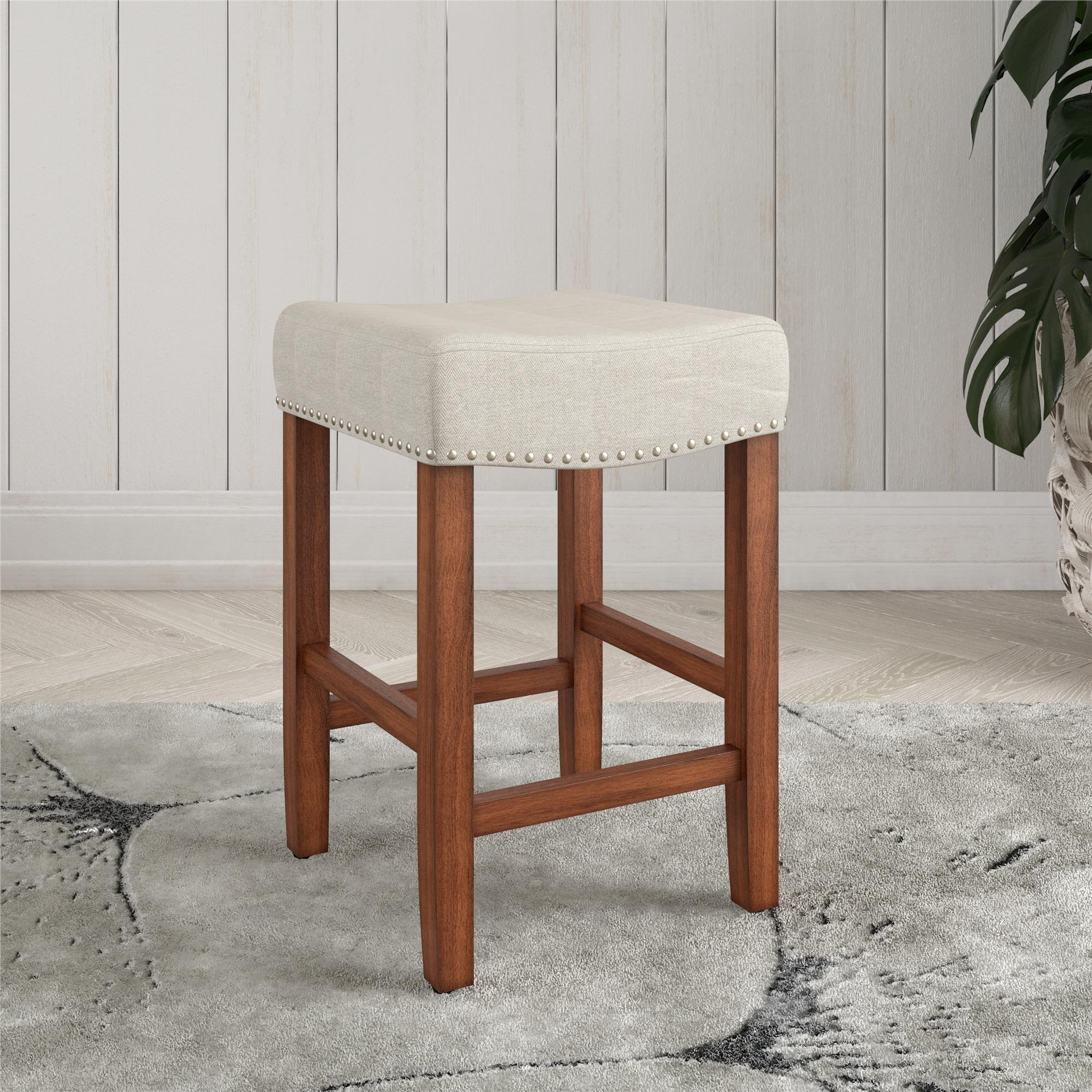 Upholstered Counter Height Bar Stool With Brass Nailhead Trim - Beige / Brown - Image 2