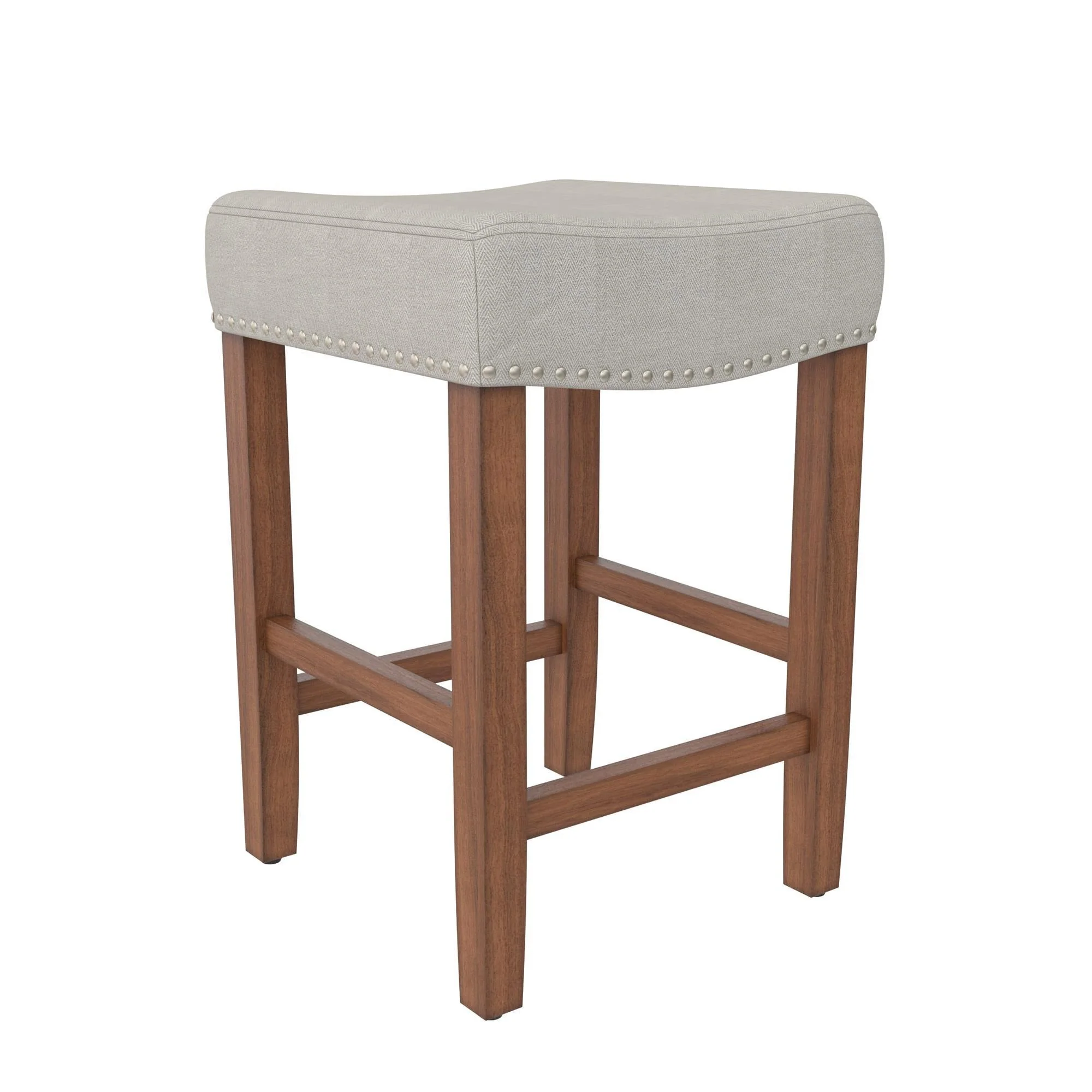 Upholstered Counter Height Bar Stool With Brass Nailhead Trim - Beige / Brown - Image 3
