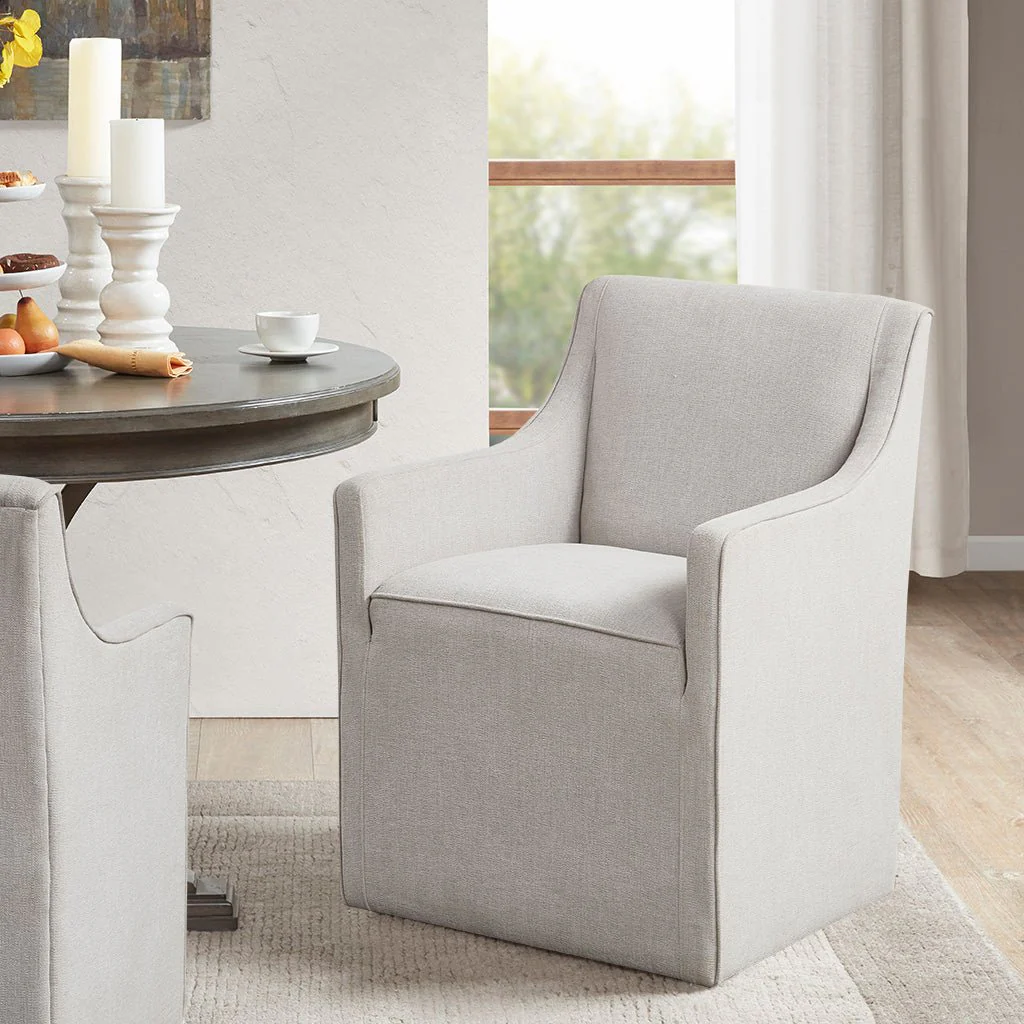 Upholstered Dining Chair with Casters and Padded Arms - Image 2