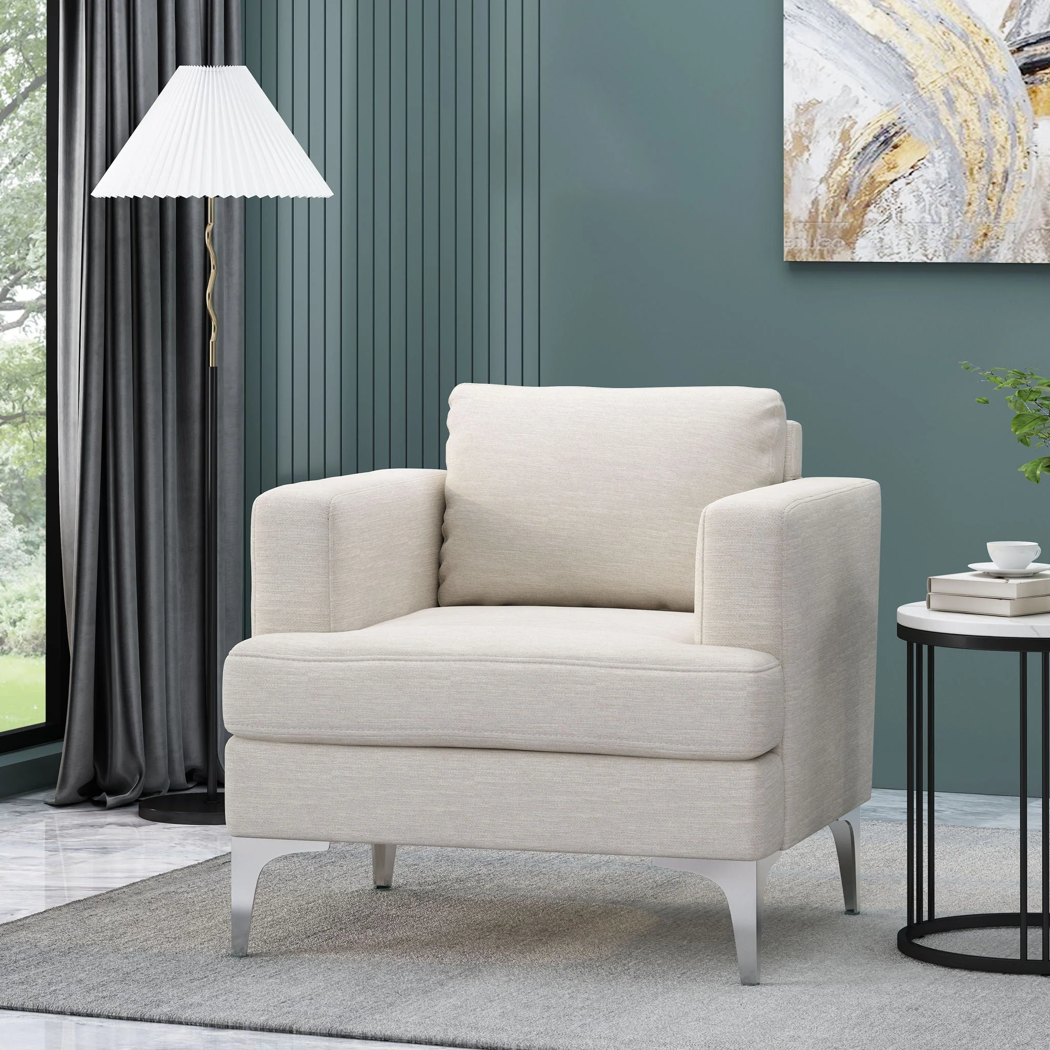 Upholstered Fabric Club Chair With Iron Legs - Beige - Image 4