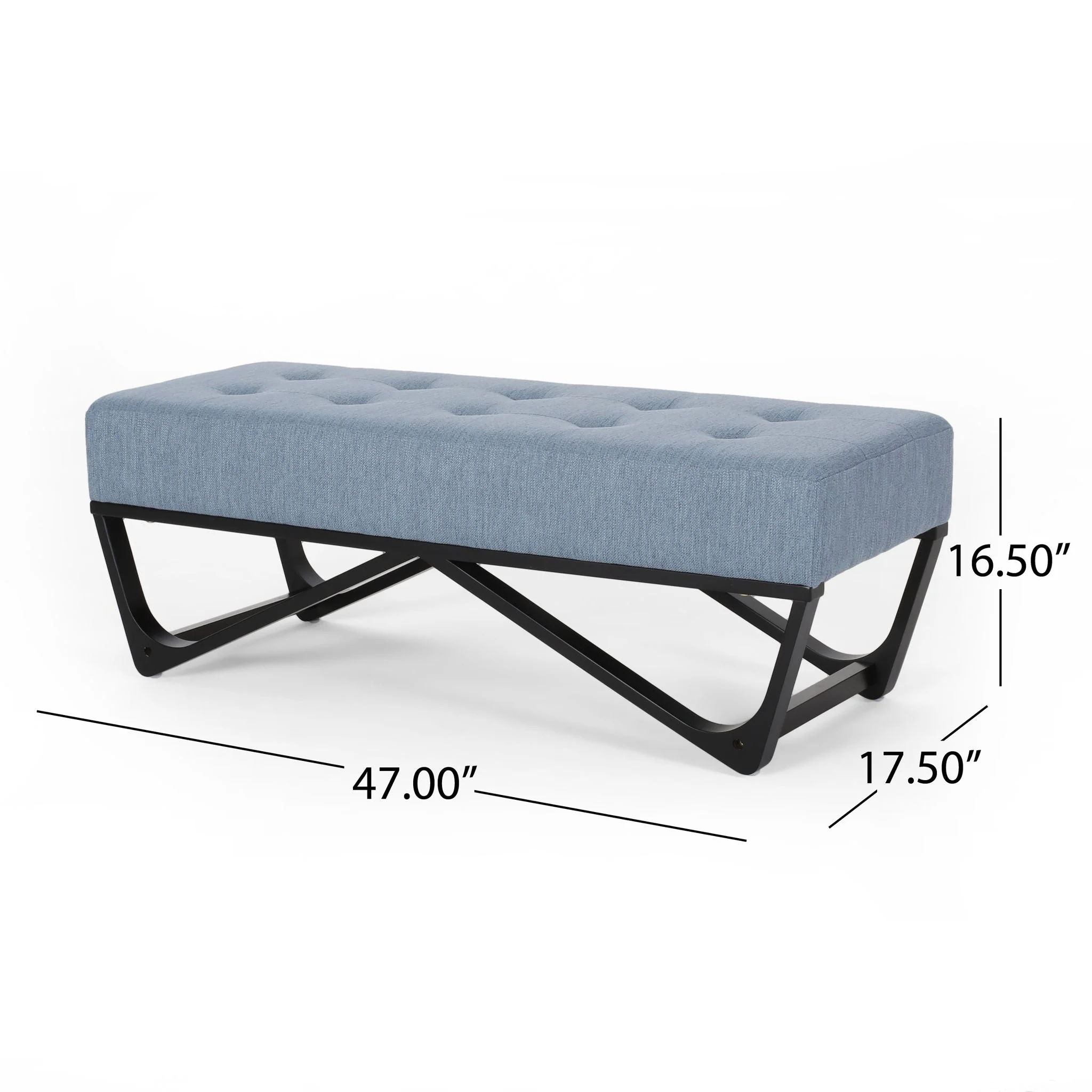 Upholstered Ottoman With Button Tufted Waffle Stitch And Black Geometric Legs - Light Blue - Image 2