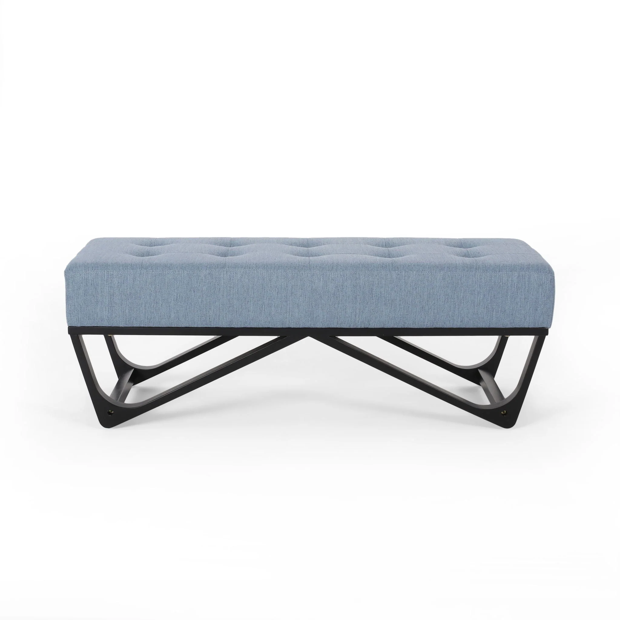 Upholstered Ottoman With Button Tufted Waffle Stitch And Black Geometric Legs - Light Blue - Image 3