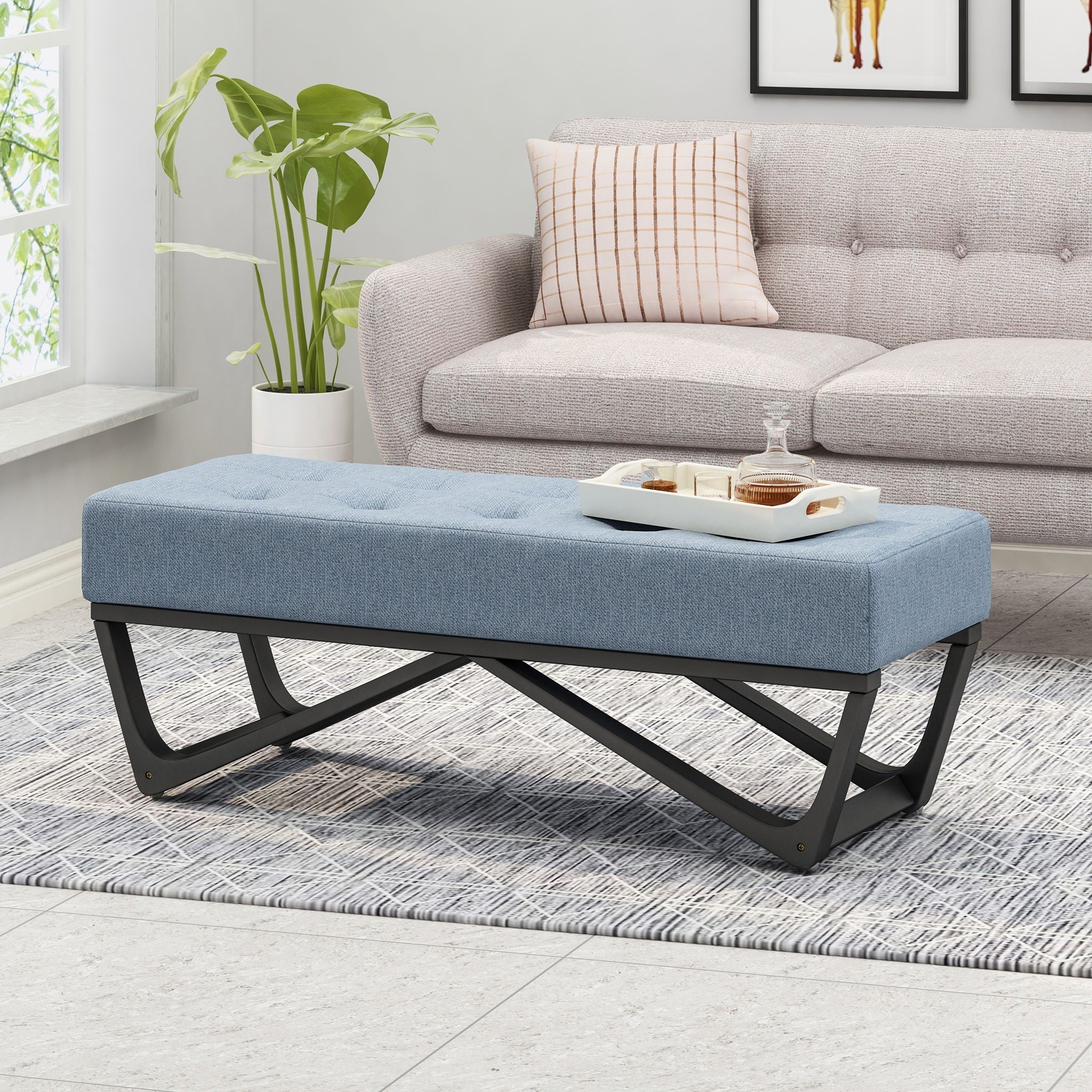 Upholstered Ottoman With Button Tufted Waffle Stitch And Black Geometric Legs - Light Blue - Image 4