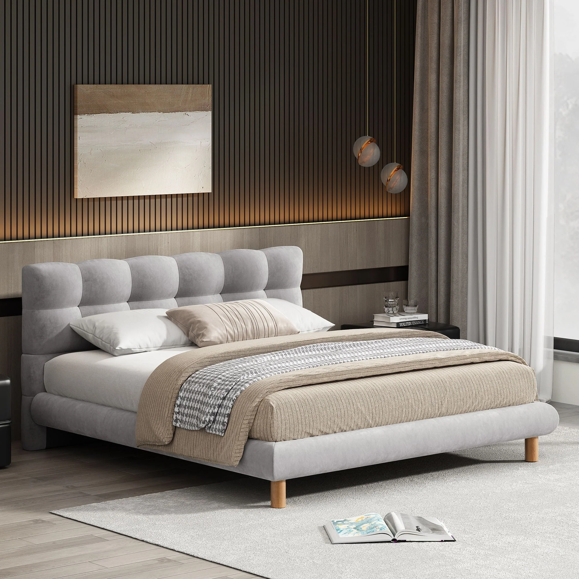Upholstered Platform Bed Frame With Cookie Shaped Headboard - Image 4