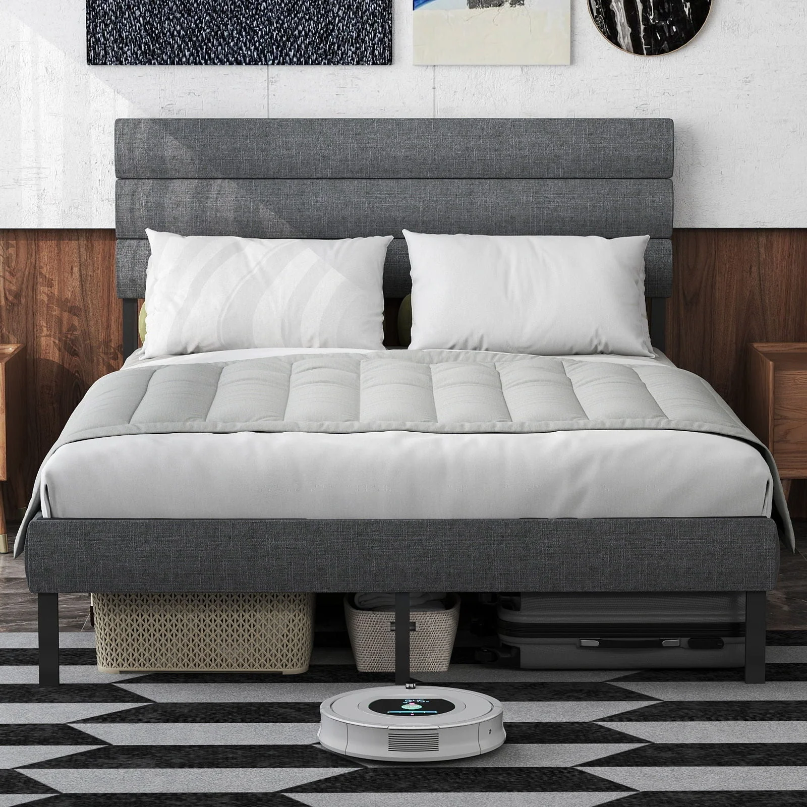 Upholstered Platform Bed Frame With Headboard, No Box Spring Needed, Underbed Storage - Image 12
