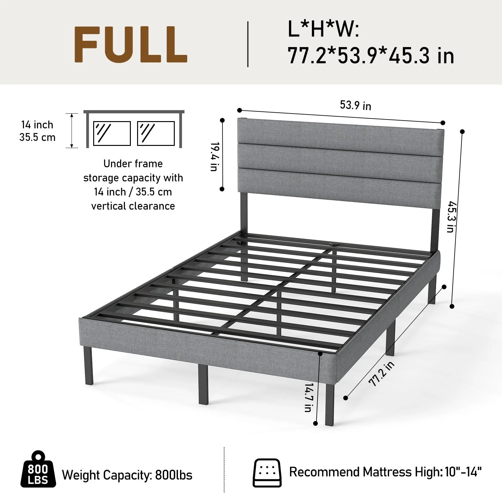 Upholstered Platform Bed Frame With Headboard, No Box Spring Needed, Underbed Storage - Image 16
