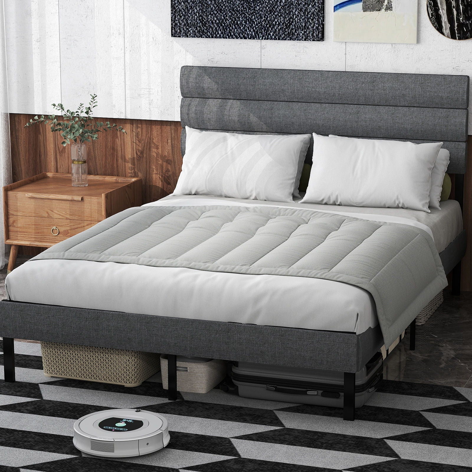 Upholstered Platform Bed Frame With Headboard, No Box Spring Needed, Underbed Storage - Image 5