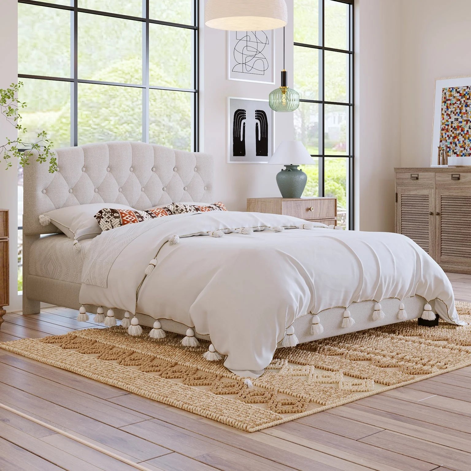 Upholstered Platform Bed with Saddle Curved Adjustable Headboard and Diamond Tufted Details - Image 2
