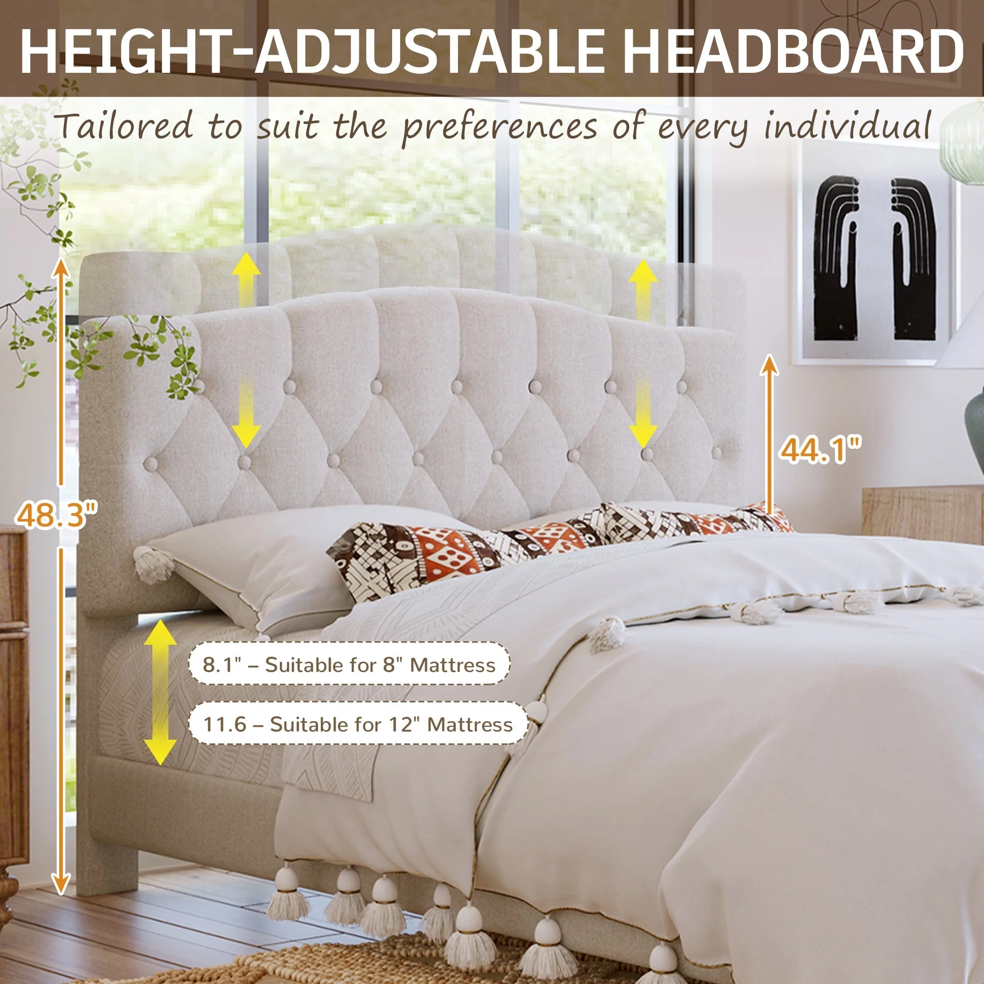 Upholstered Platform Bed with Saddle Curved Adjustable Headboard and Diamond Tufted Details - Image 3