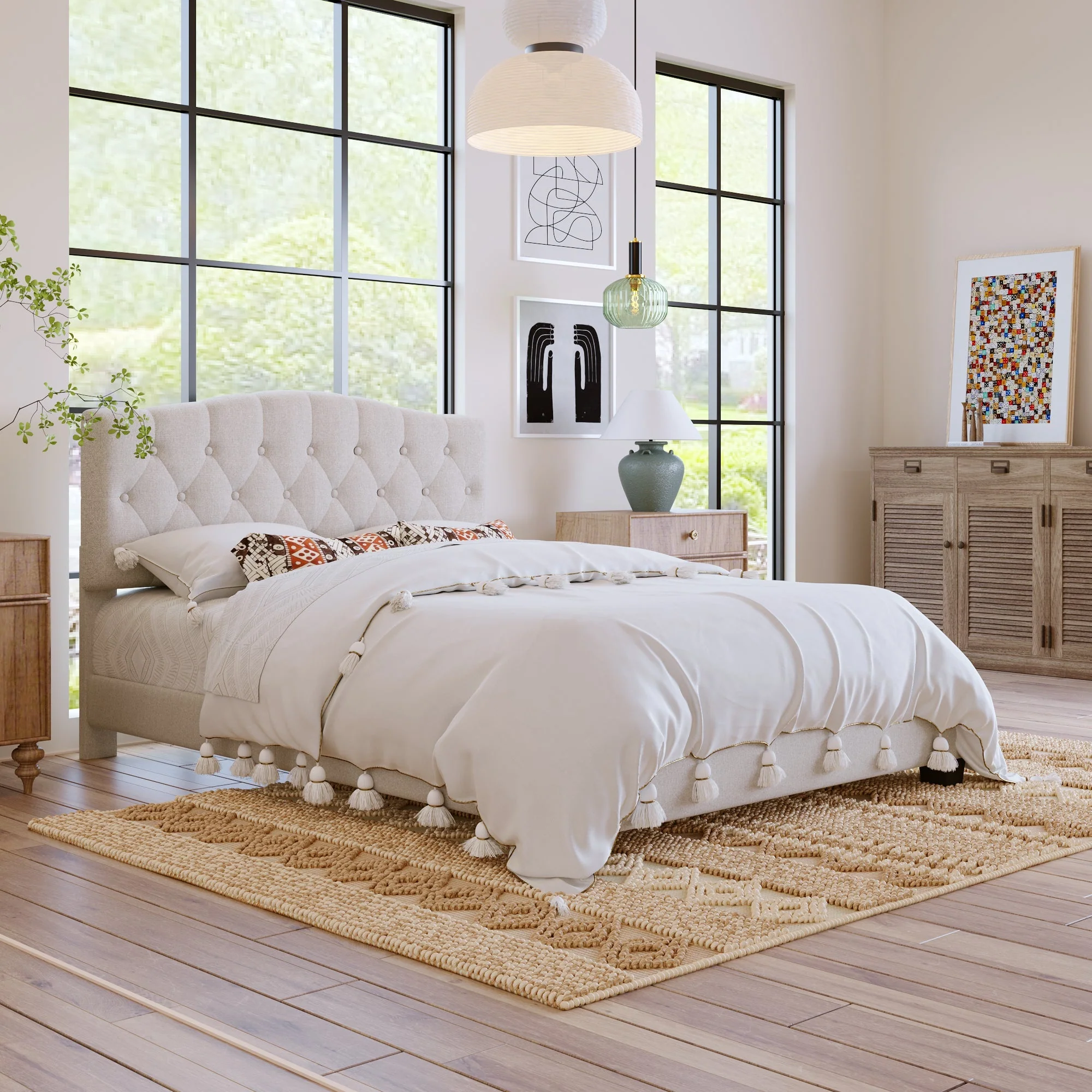 Upholstered Platform Bed with Saddle Curved Adjustable Headboard and Diamond Tufted Details - Image 6