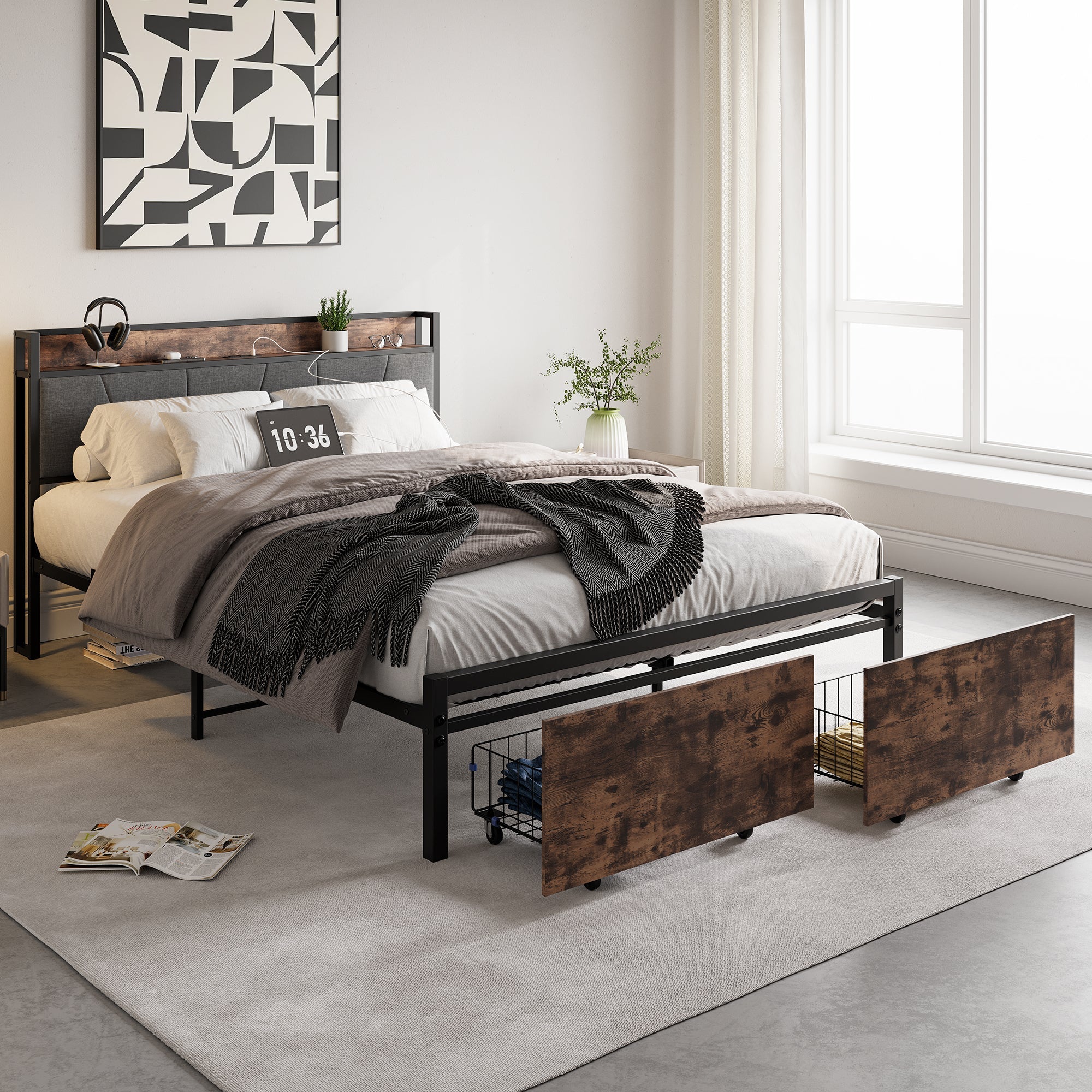Upholstered Platform Bed with Storage and Charging Station in Vintage Brown and Gray - Image 2