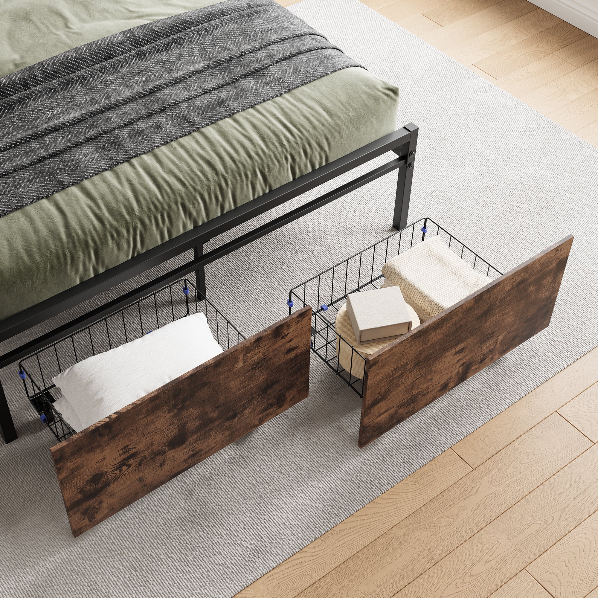 Upholstered Platform Bed with Storage and Charging Station in Vintage Brown and Gray - Image 3