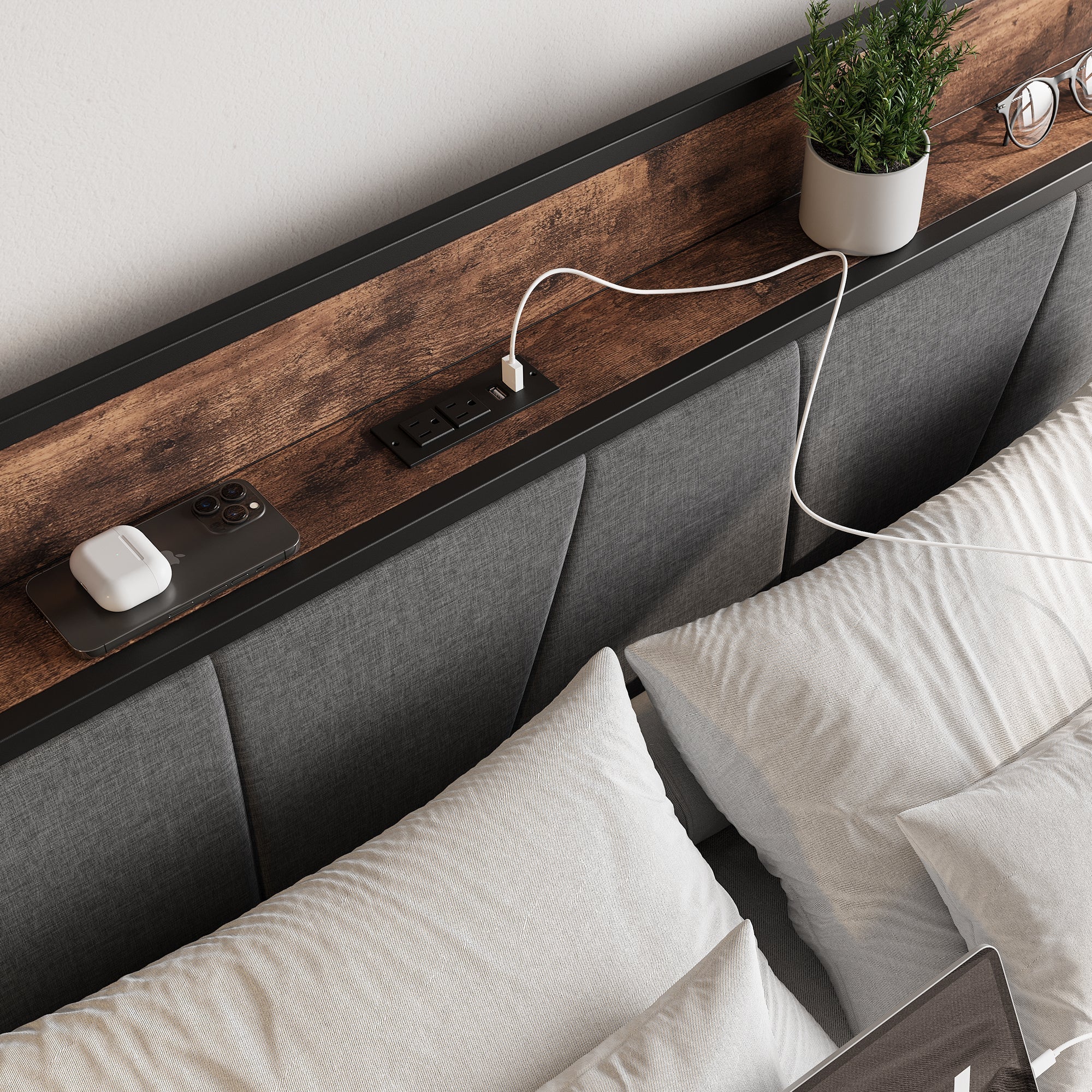 Upholstered Platform Bed with Storage and Charging Station in Vintage Brown and Gray - Image 4
