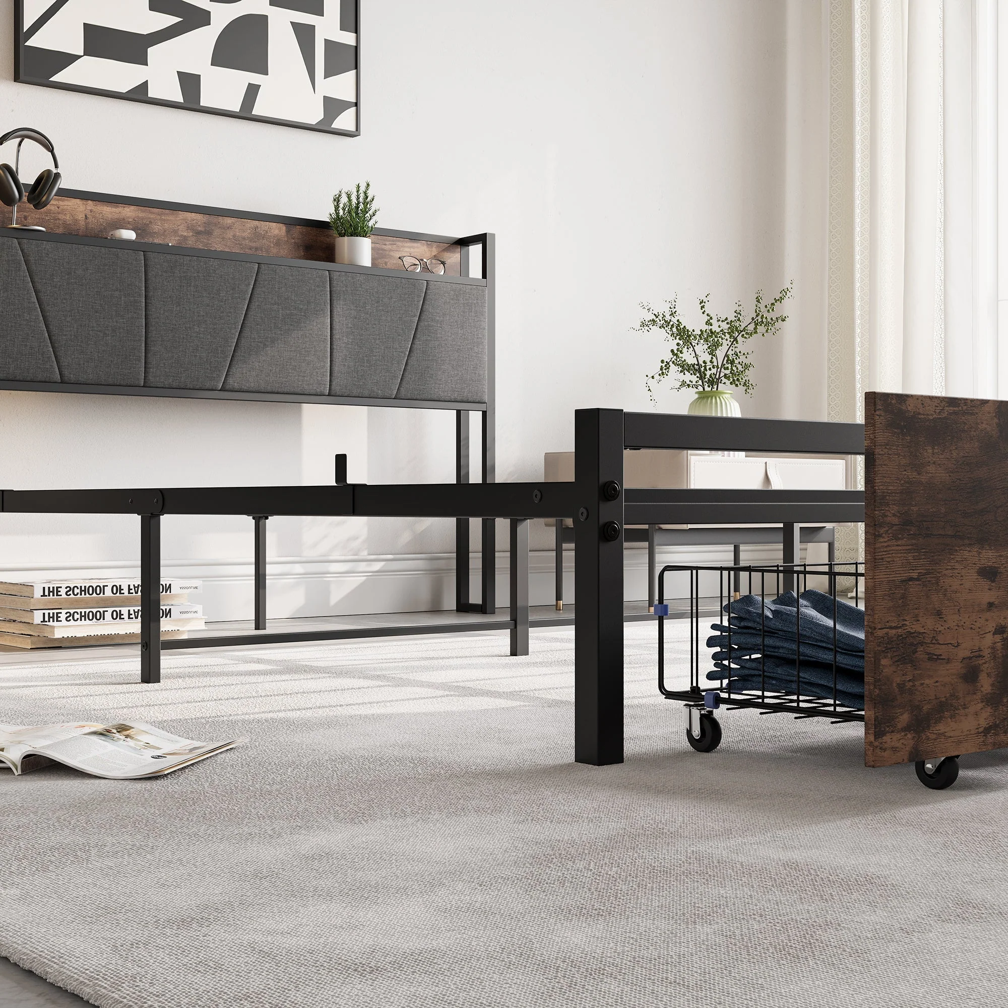 Upholstered Platform Bed with Storage and Charging Station in Vintage Brown and Gray - Image 5