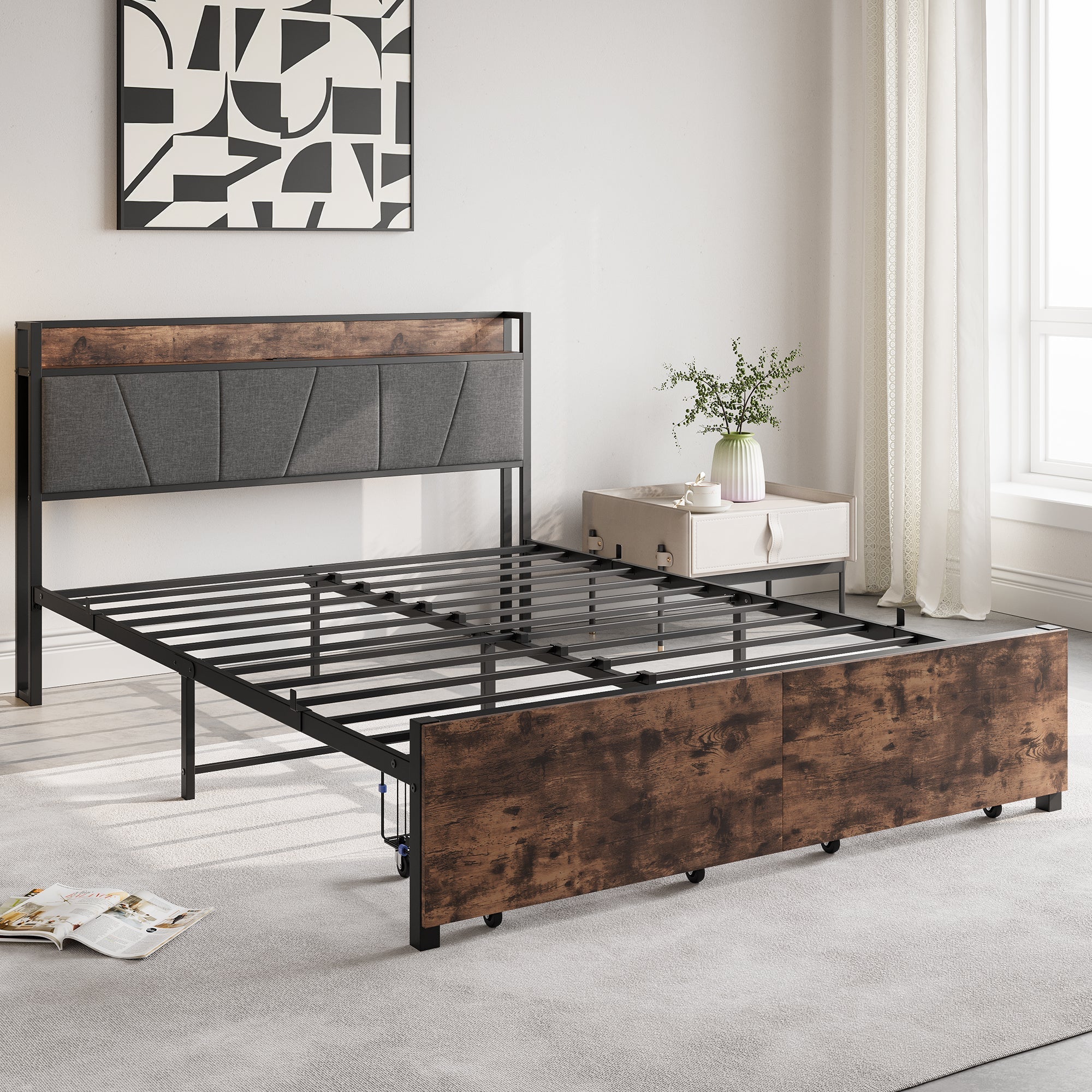 Upholstered Platform Bed with Storage and Charging Station in Vintage Brown and Gray - Image 6