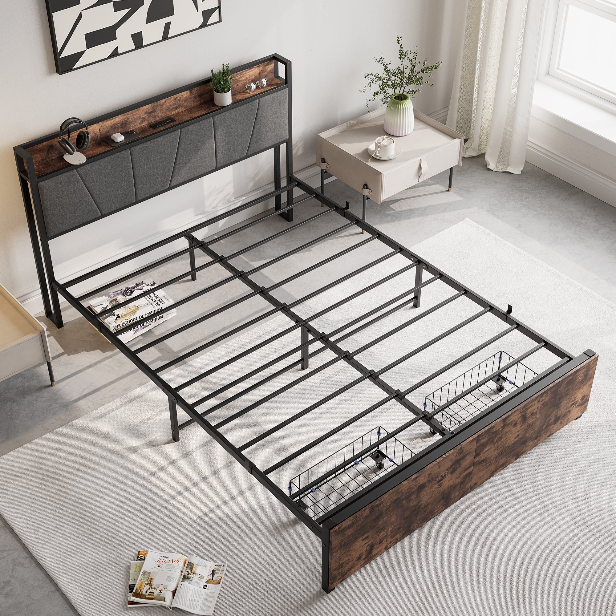 Upholstered Platform Bed with Storage and Charging Station in Vintage Brown and Gray - Image 7