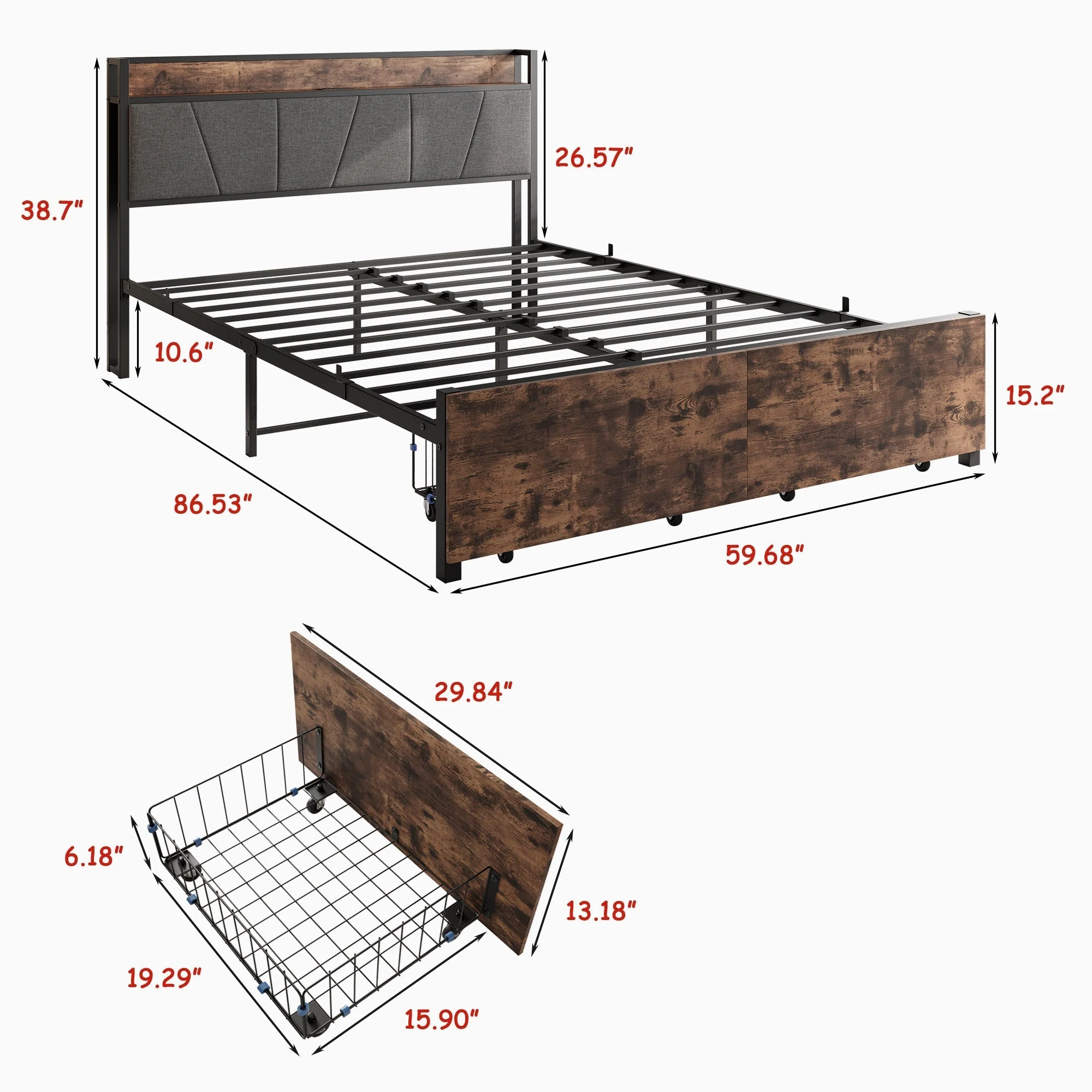 Upholstered Platform Bed with Storage and Charging Station in Vintage Brown and Gray - Image 8