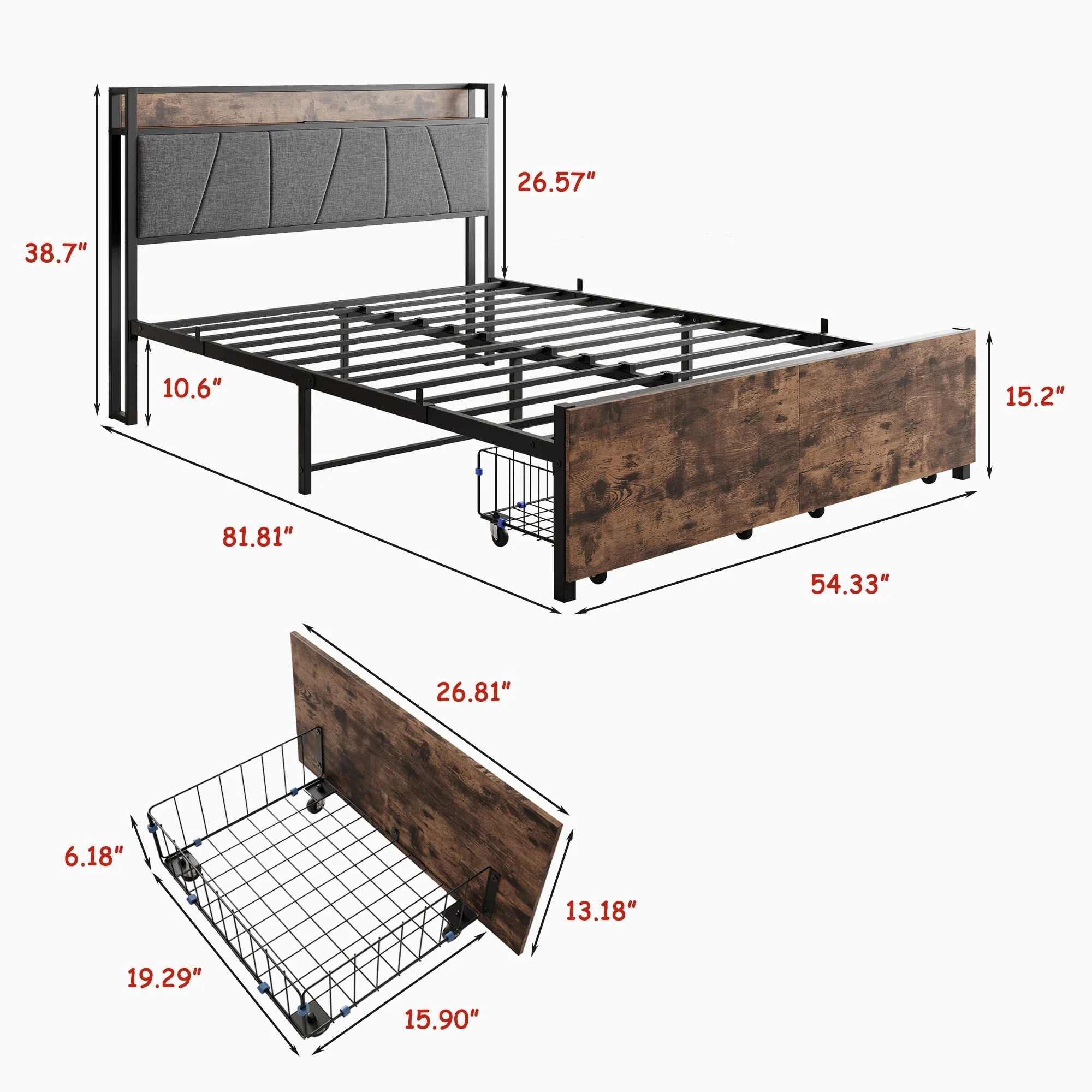 Upholstered Platform Bed with Storage and Charging Station in Vintage Brown and Gray - Image 9