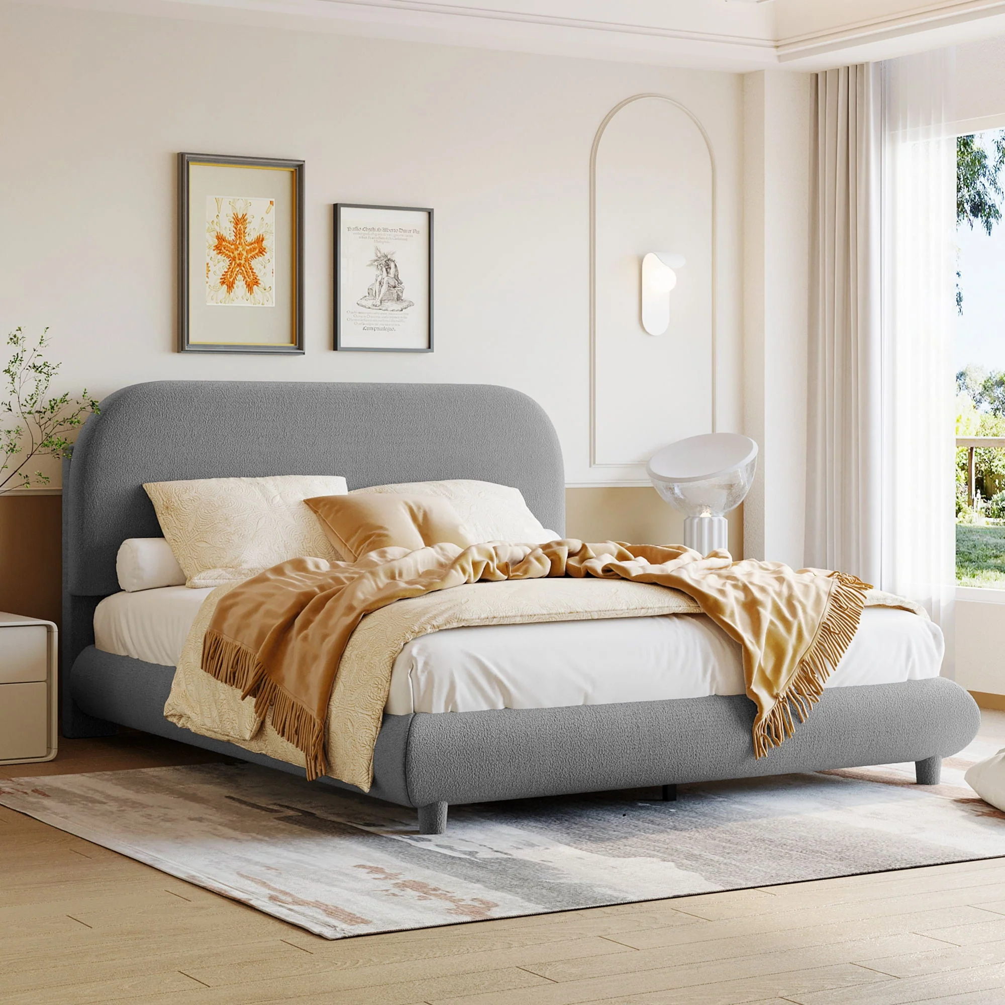 Upholstered Platform Bed With Thick Solid Frame And Stylish Curve-Shaped Design - Image 3