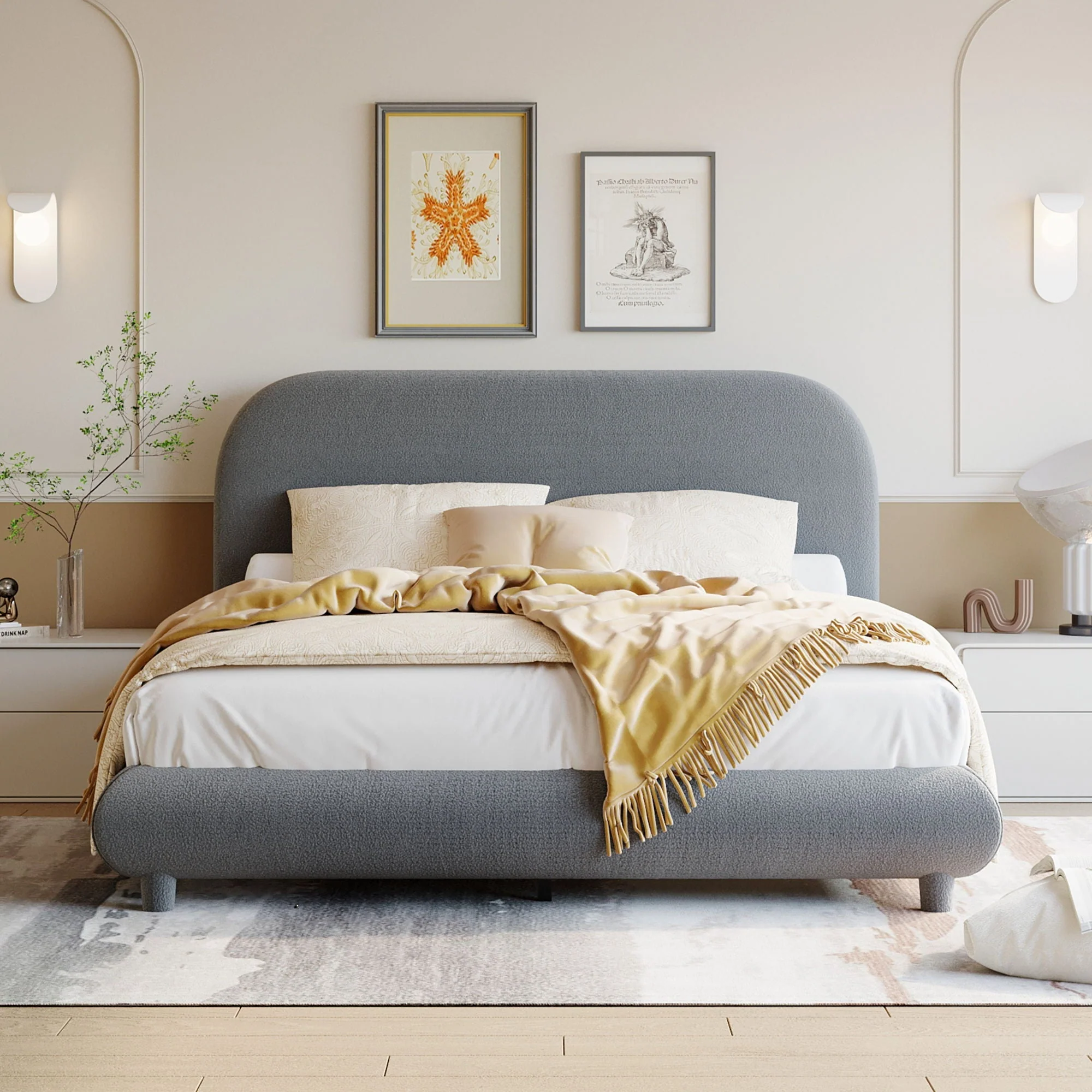 Upholstered Platform Bed With Thick Solid Frame And Stylish Curve-Shaped Design - Image 6