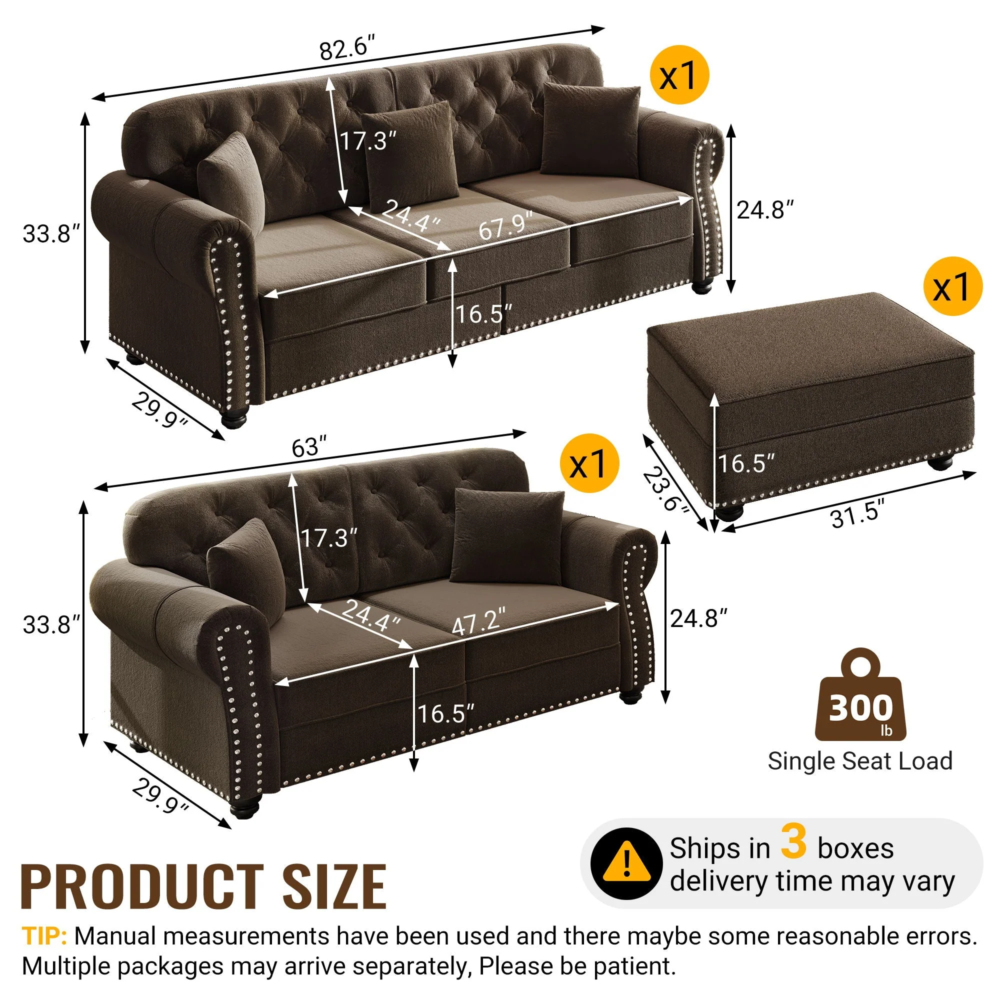Upholstered Sofa Set With Nailhead Trim And Rolled Armrests, Includes Pillows - Image 42