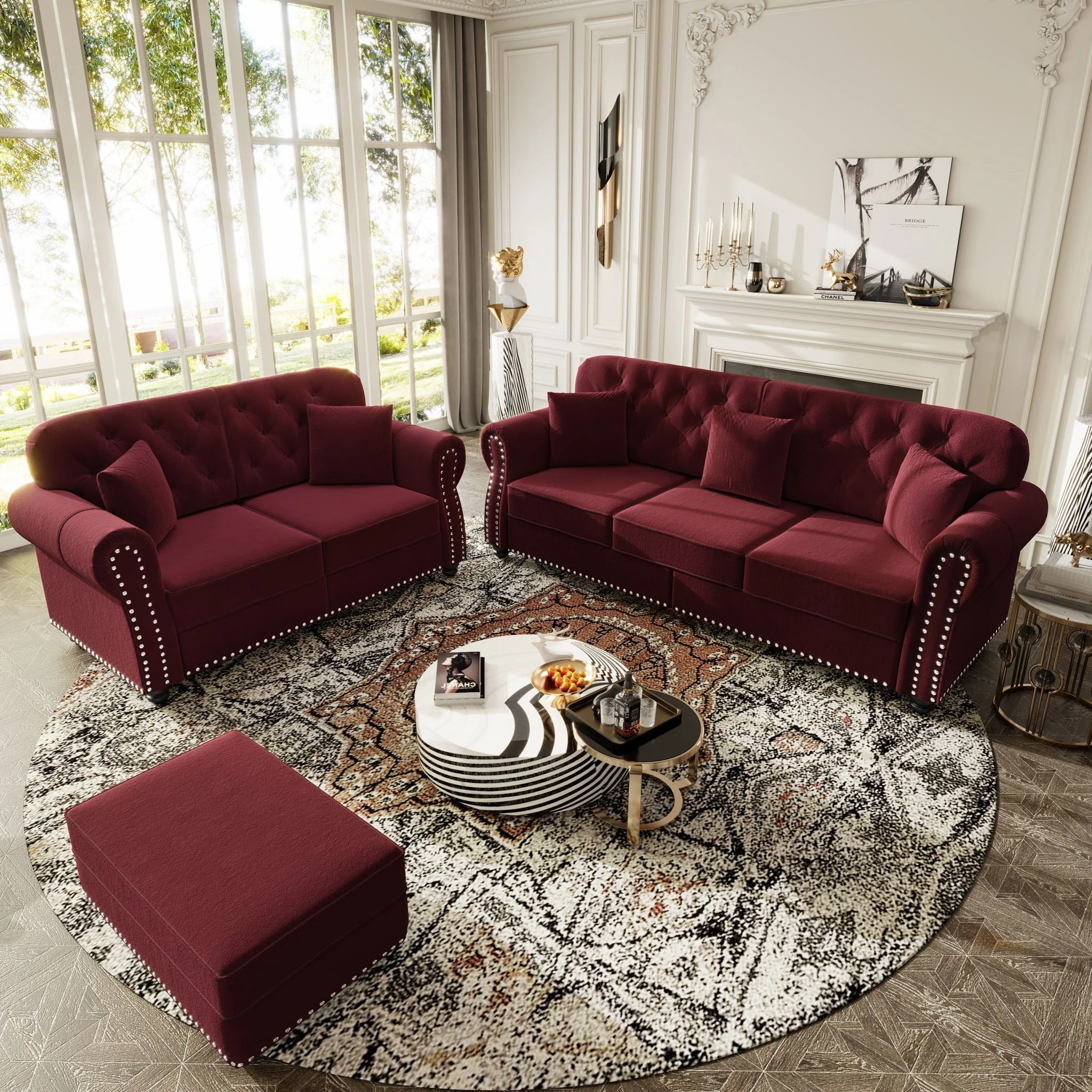 Upholstered Sofa Set With Nailhead Trim And Rolled Armrests, Includes Pillows - Image 44