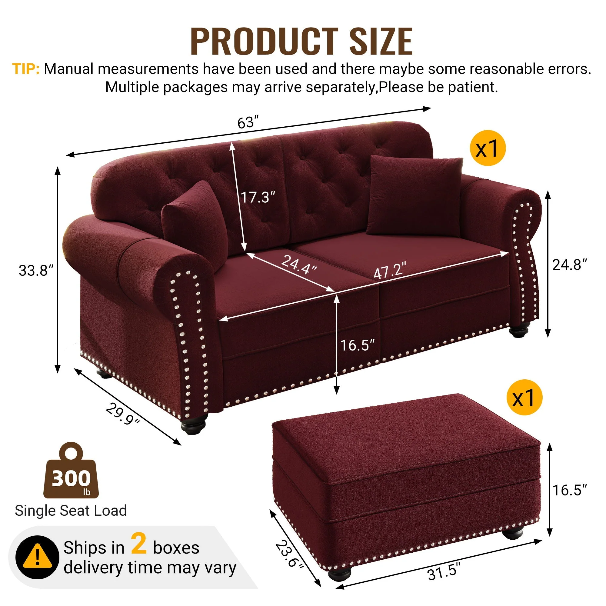 Upholstered Sofa Set With Nailhead Trim And Rolled Armrests, Includes Pillows - Image 47