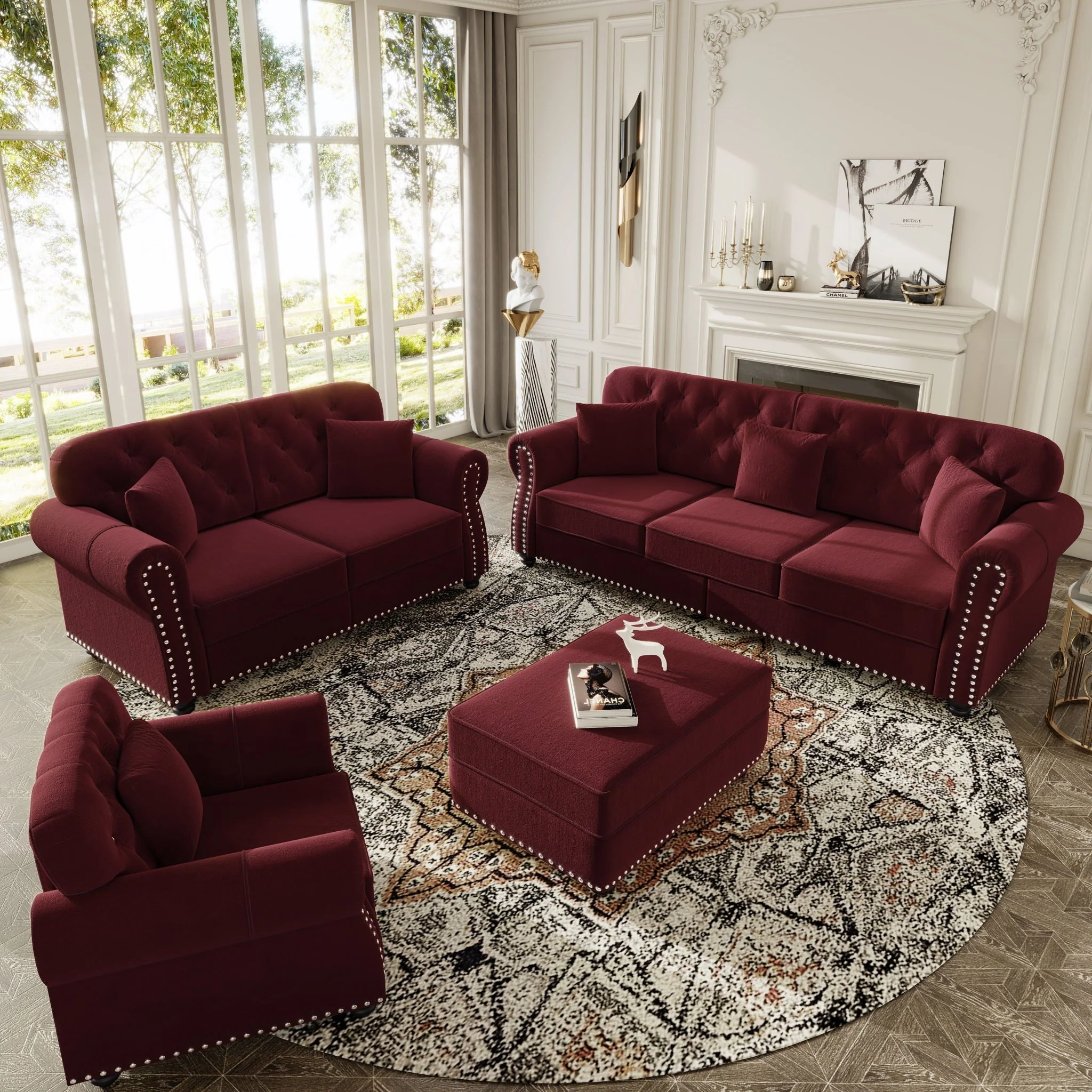 Upholstered Sofa Set With Nailhead Trim And Rolled Armrests, Includes Pillows - Image 48