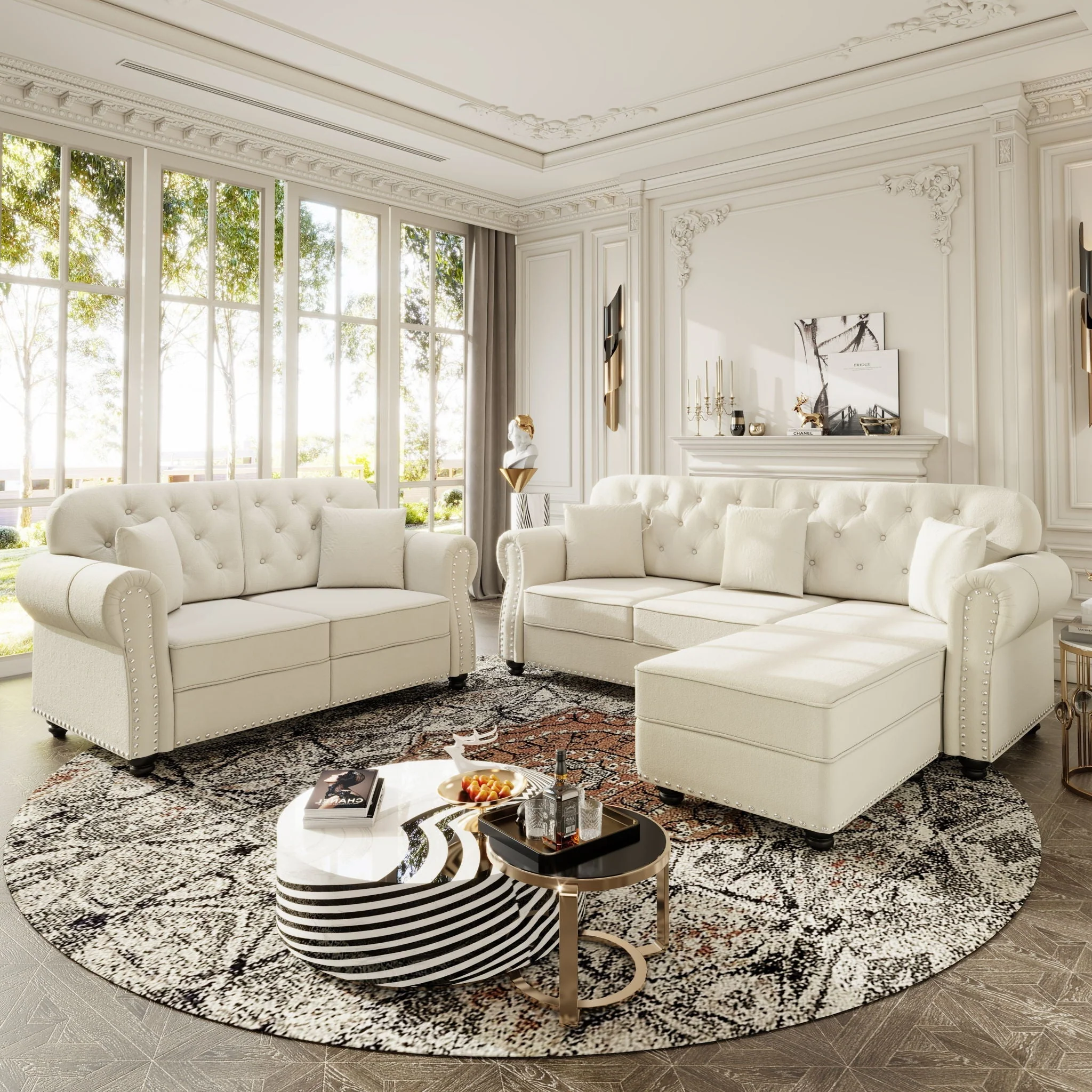 Upholstered Sofa Set With Nailhead Trim And Rolled Armrests, Includes Pillows - Image 49