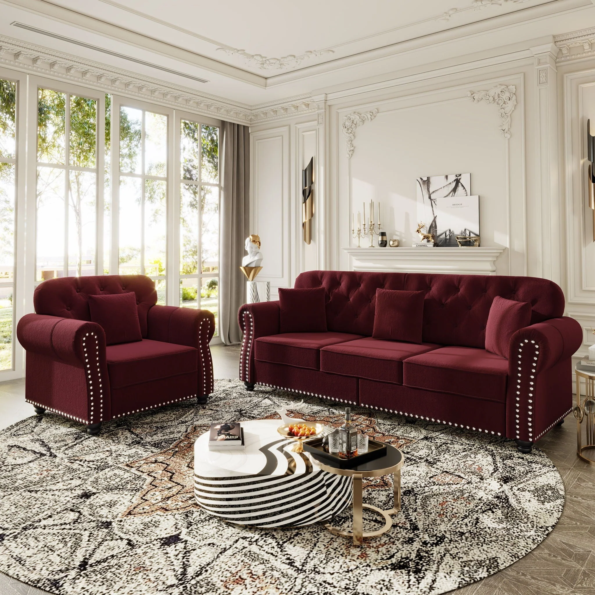 Upholstered Sofa Set With Nailhead Trim And Rolled Armrests, Includes Pillows - Image 52