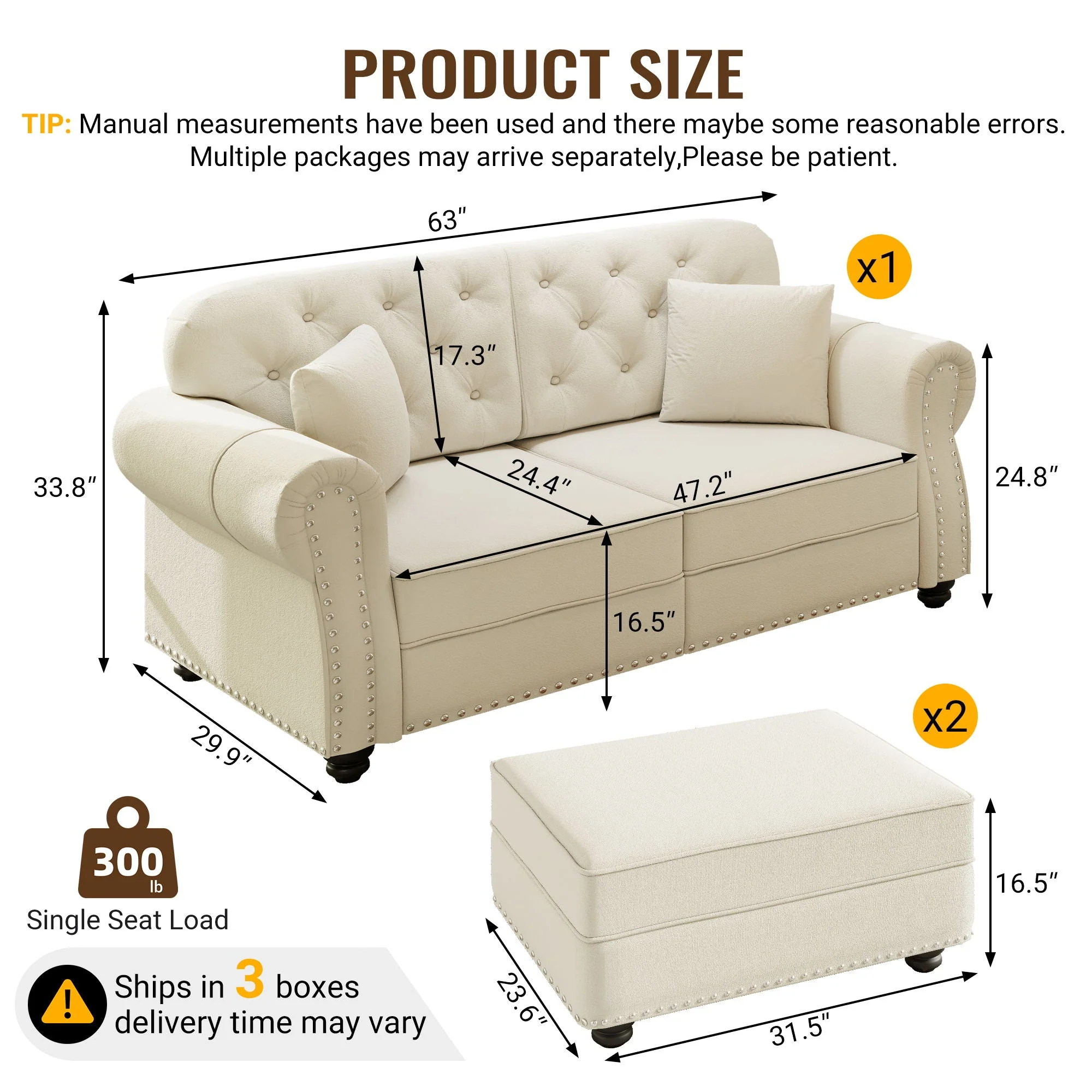 Upholstered Sofa Set With Nailhead Trim And Rolled Armrests, Includes Pillows - Image 56