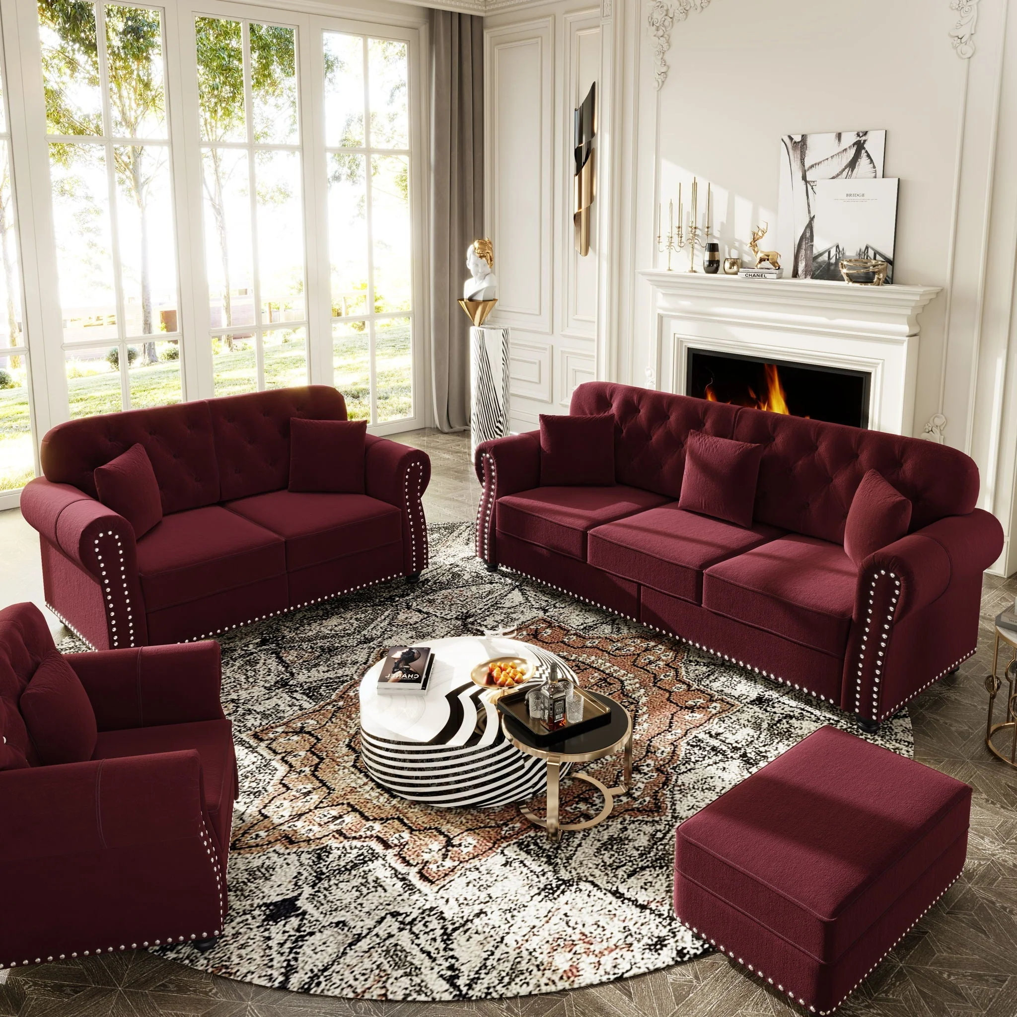 Upholstered Sofa Set With Nailhead Trim And Rolled Armrests, Includes Pillows - Image 63