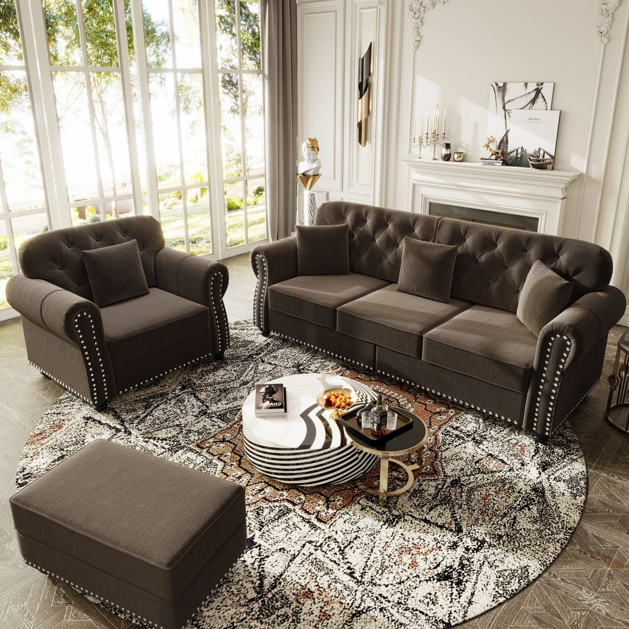 Upholstered Sofa Set With Nailhead Trim And Rolled Armrests, Includes Pillows - Image 64