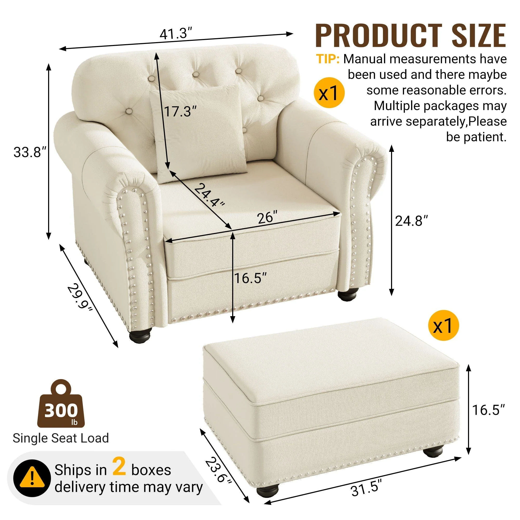 Upholstered Sofa With Nailhead Trim And Rolled Armrests, 1 Pillows - Beige / White - Image 2