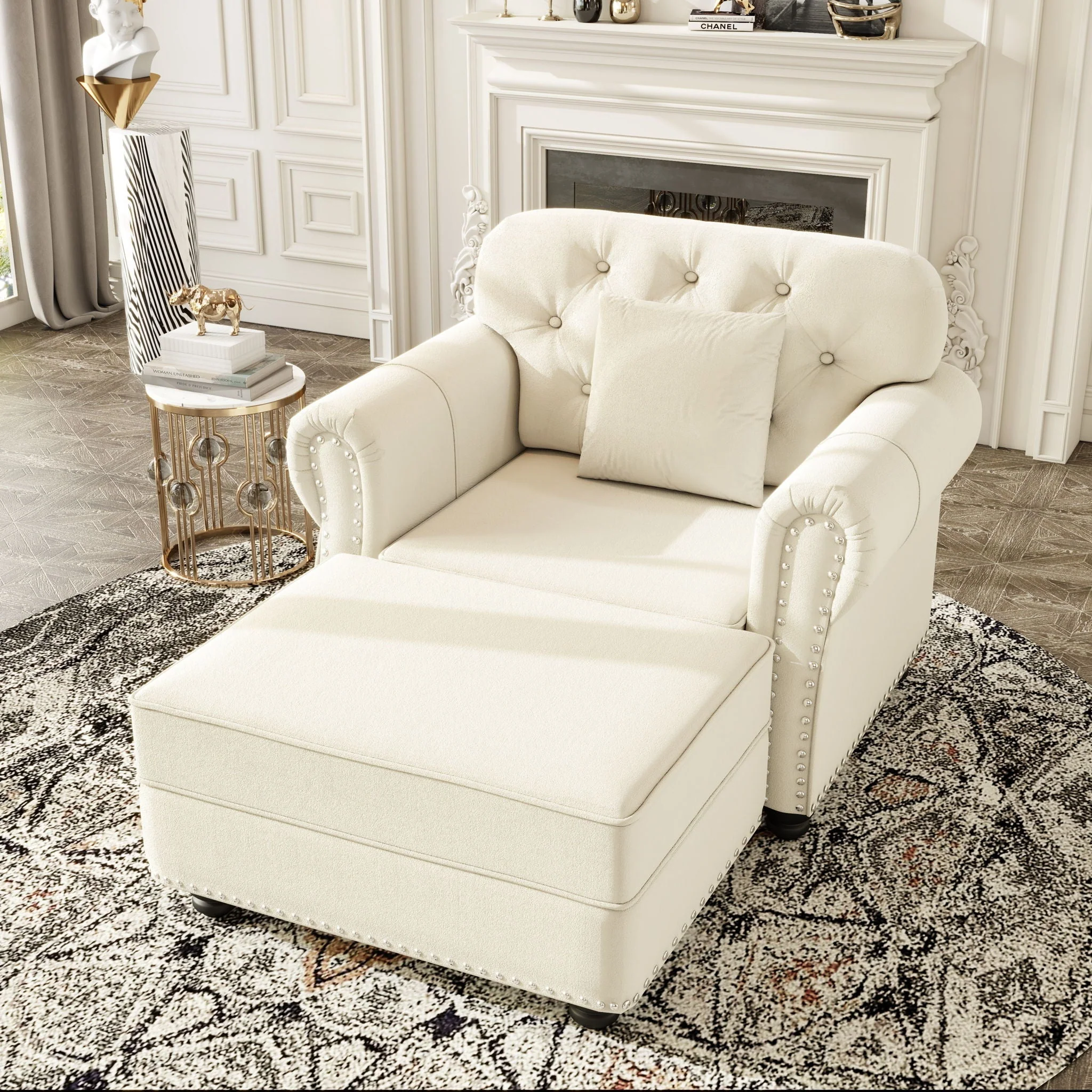 Upholstered Sofa With Nailhead Trim And Rolled Armrests, 1 Pillows - Beige / White - Image 3