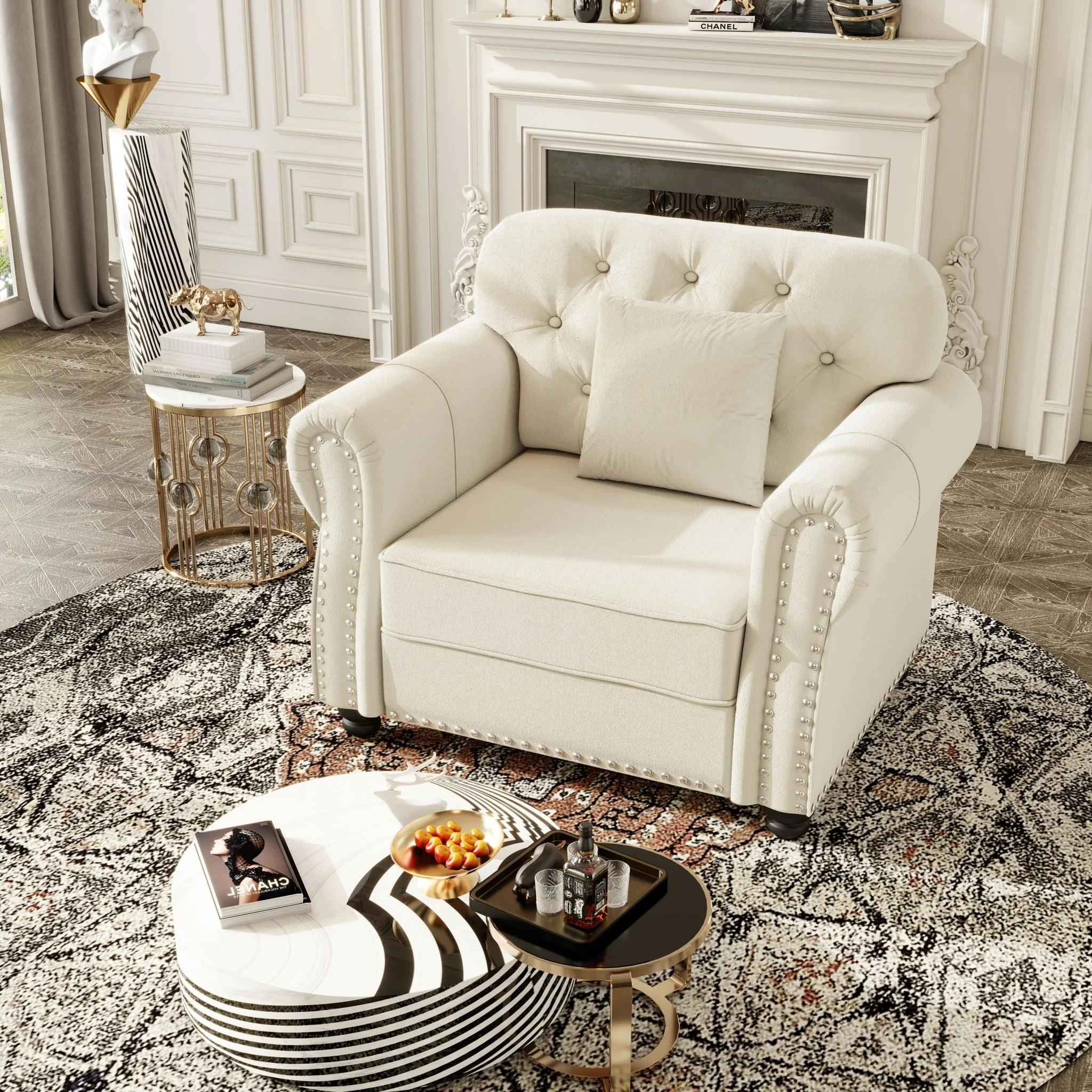 Upholstered Sofa With Nailhead Trim And Rolled Armrests, 1 Pillows - Beige / White - Image 4
