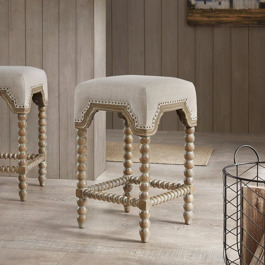 Upholstered Square Counter Stool with Nailhead TrimTurned Legsand Footrest - Image 2