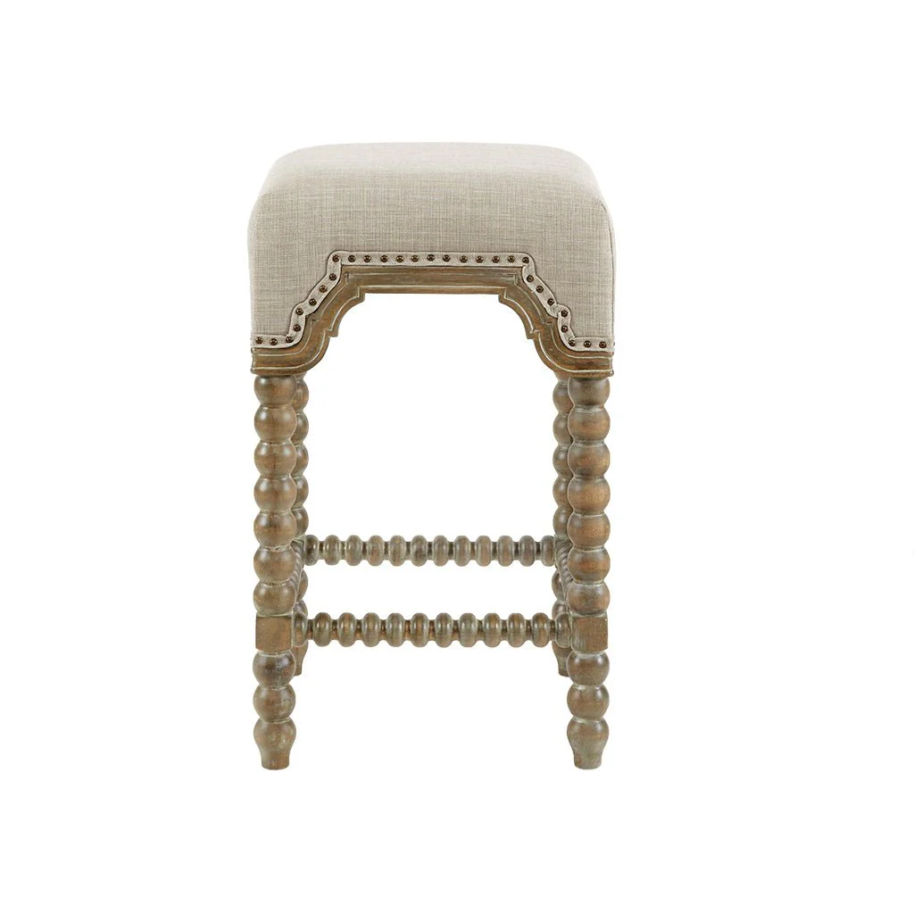 Upholstered Square Counter Stool with Nailhead TrimTurned Legsand Footrest - Image 3