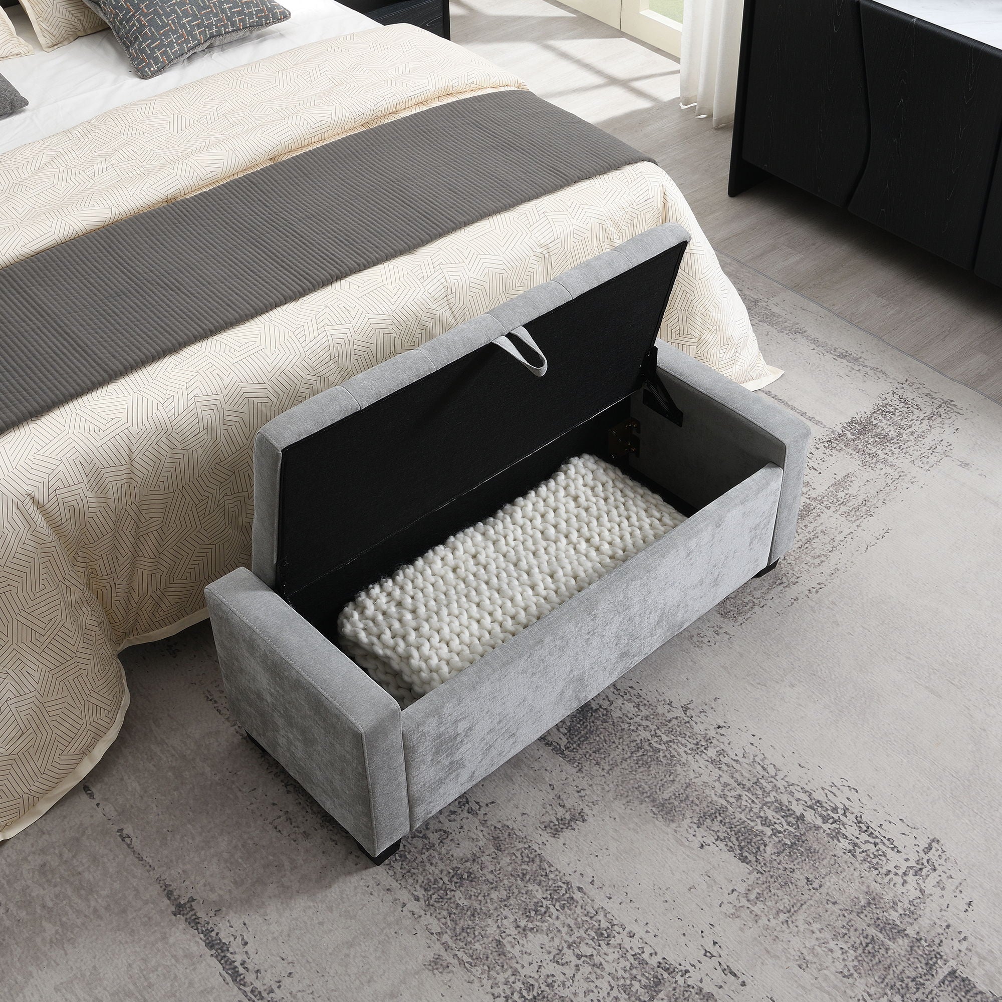Upholstered Storage Ottoman Bench With Button Tufting And Safety Hinge - Image 3