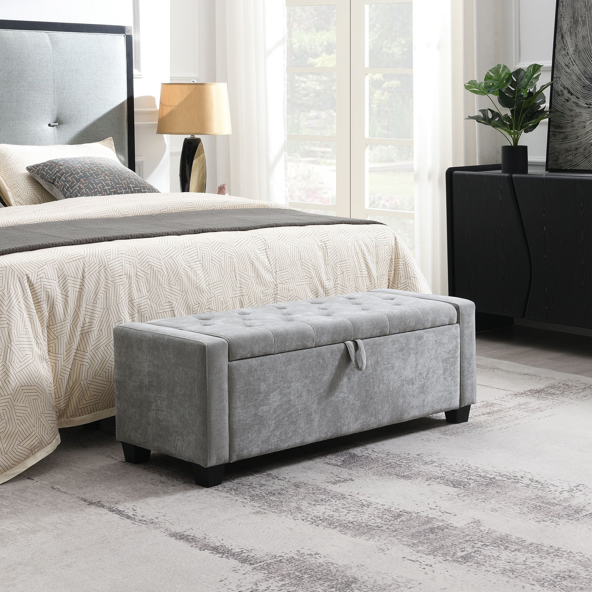 Upholstered Storage Ottoman Bench With Button Tufting And Safety Hinge - Image 4