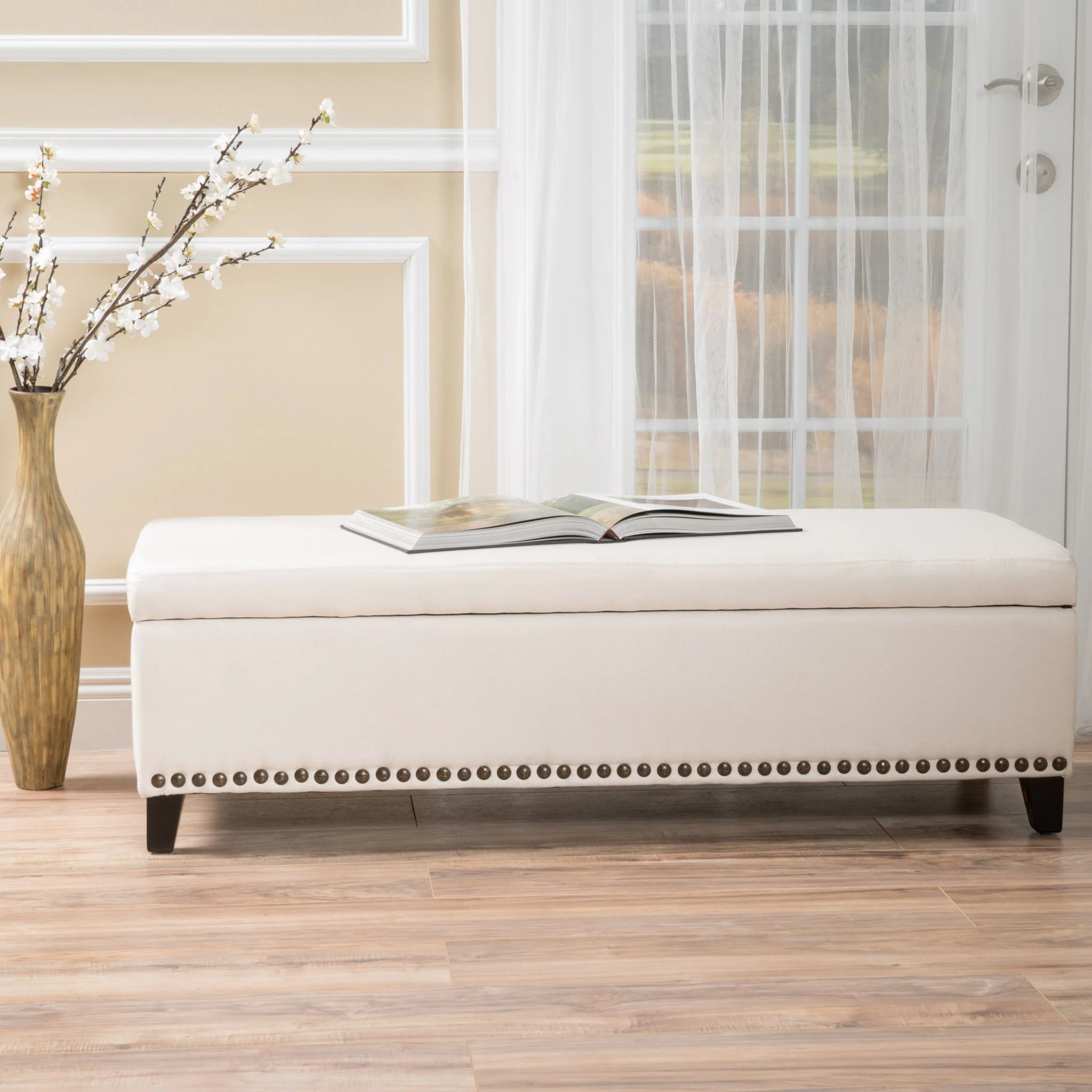 Upholstered Storage Ottoman With Nailhead Trim - Beige - Image 2