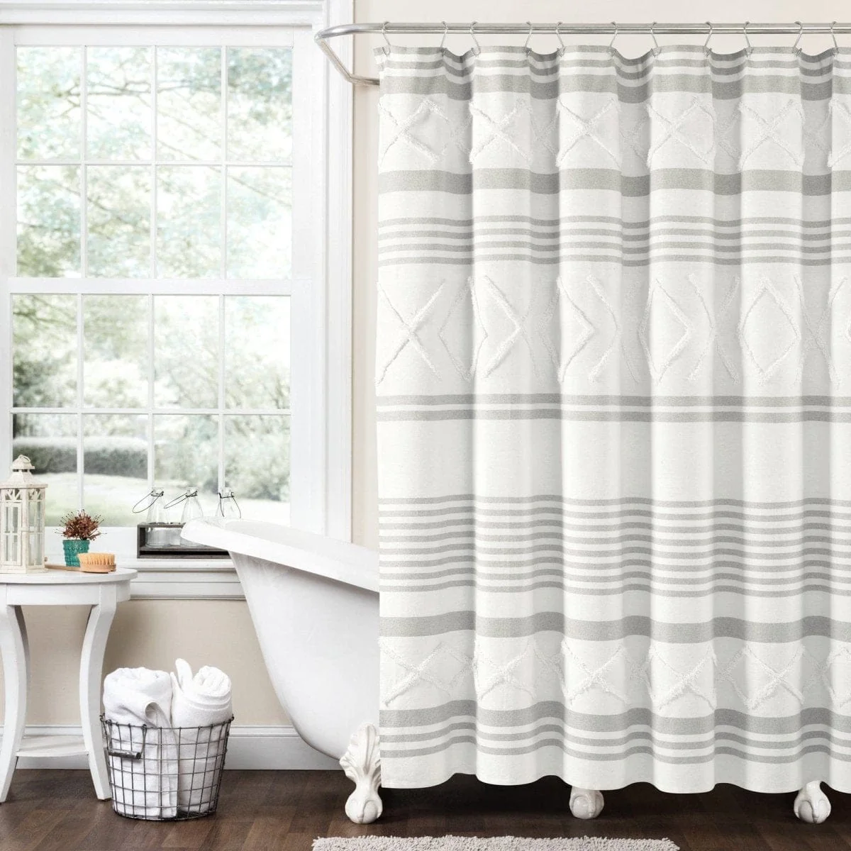 Urban Diamond Stripe Woven Tufted Recycled Cotton Blend Shower Curtain - Image 2