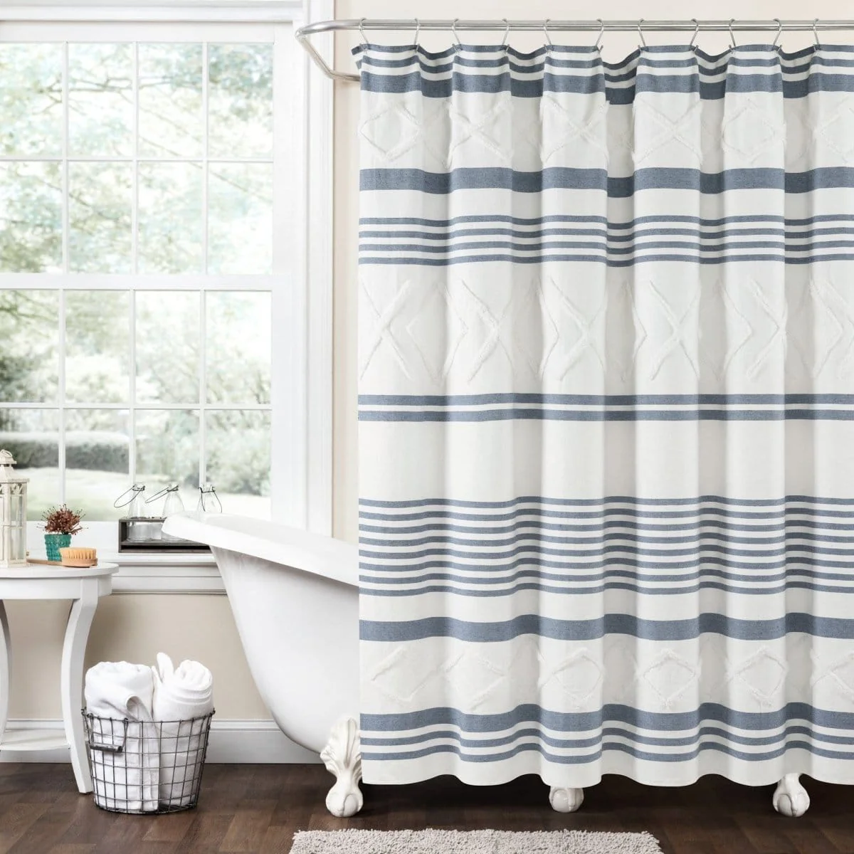Urban Diamond Stripe Woven Tufted Recycled Cotton Blend Shower Curtain - Image 3