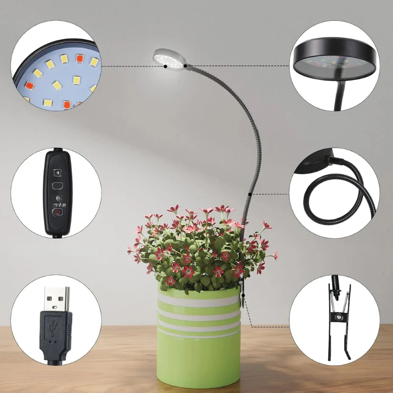USB LED Grow Light Full Spectrum Clip On Plant Lamp Dimmable Timer Gooseneck