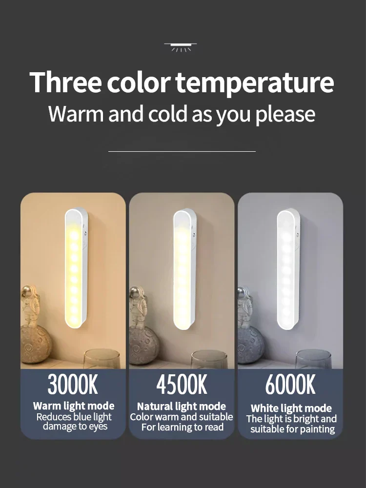 USB Rechargeable LED Night Light 3 Color Dimmable Magnetic Cabinet Lamp - Image 2