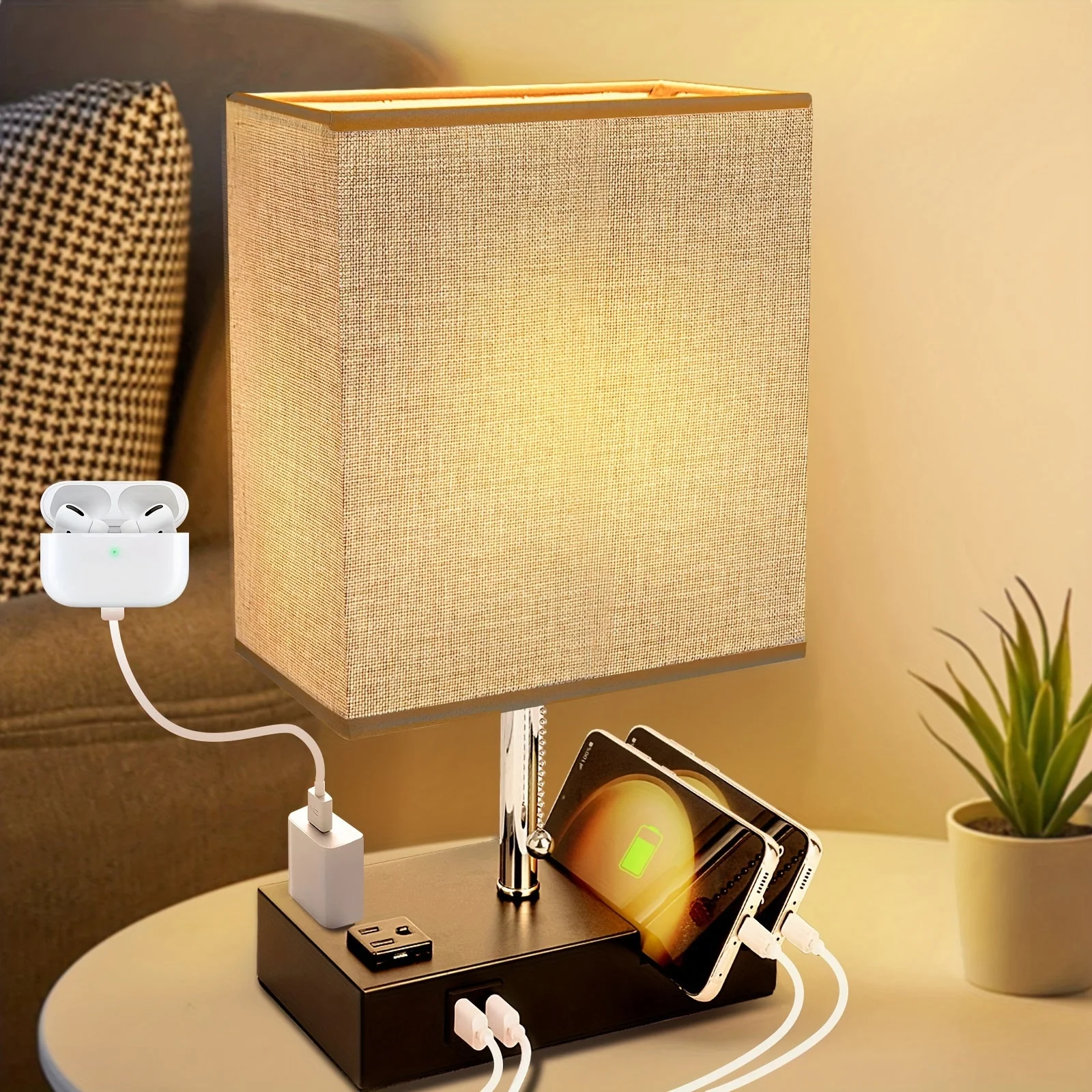 USB Table Lamp with AC Outlet – 3 Color Bedside Lamp with Fabric Shade & Bulb - Image 2