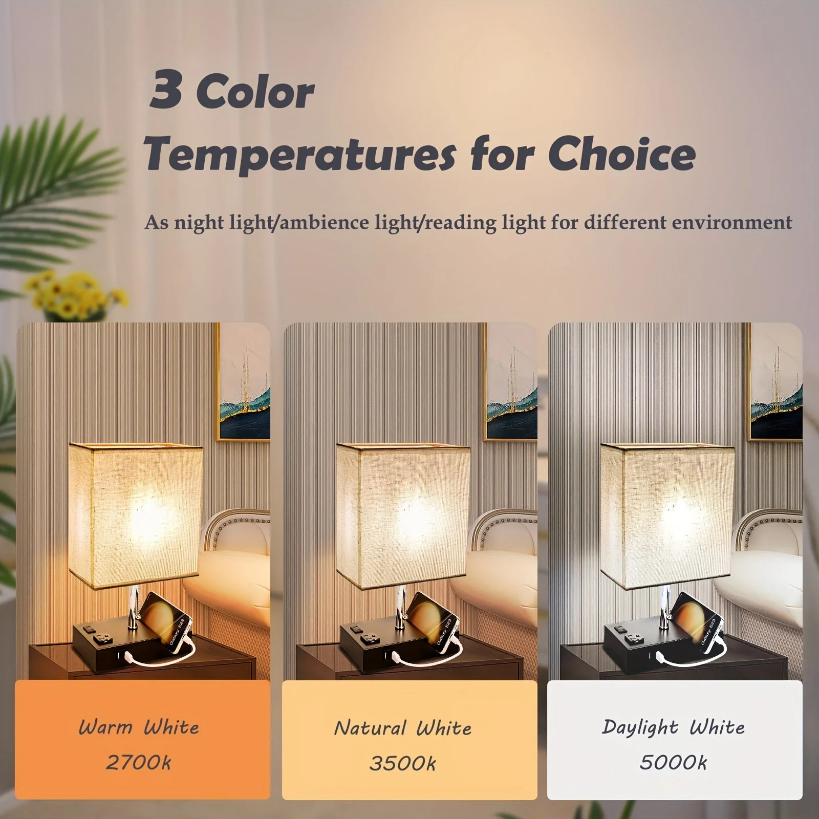USB Table Lamp with AC Outlet – 3 Color Bedside Lamp with Fabric Shade & Bulb - Image 3