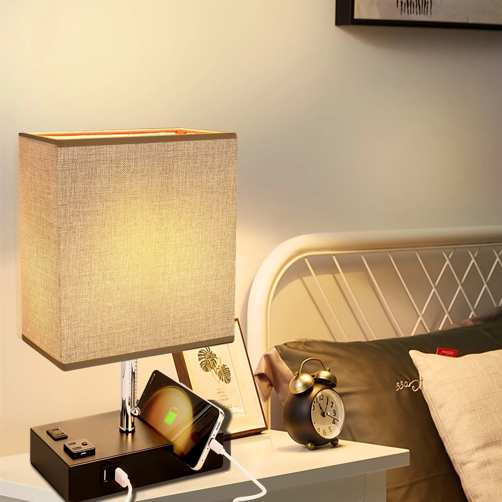 USB Table Lamp with AC Outlet – 3 Color Bedside Lamp with Fabric Shade & Bulb - Image 6