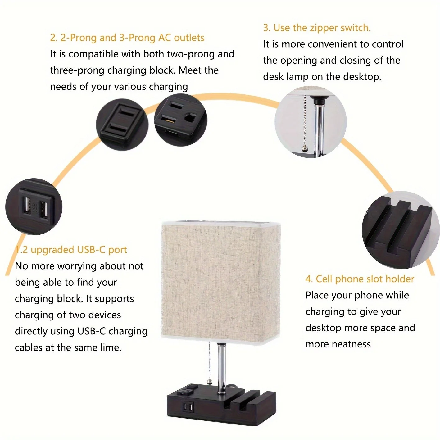 USB Table Lamp with AC Outlet – 3 Color Bedside Lamp with Fabric Shade & Bulb - Image 7